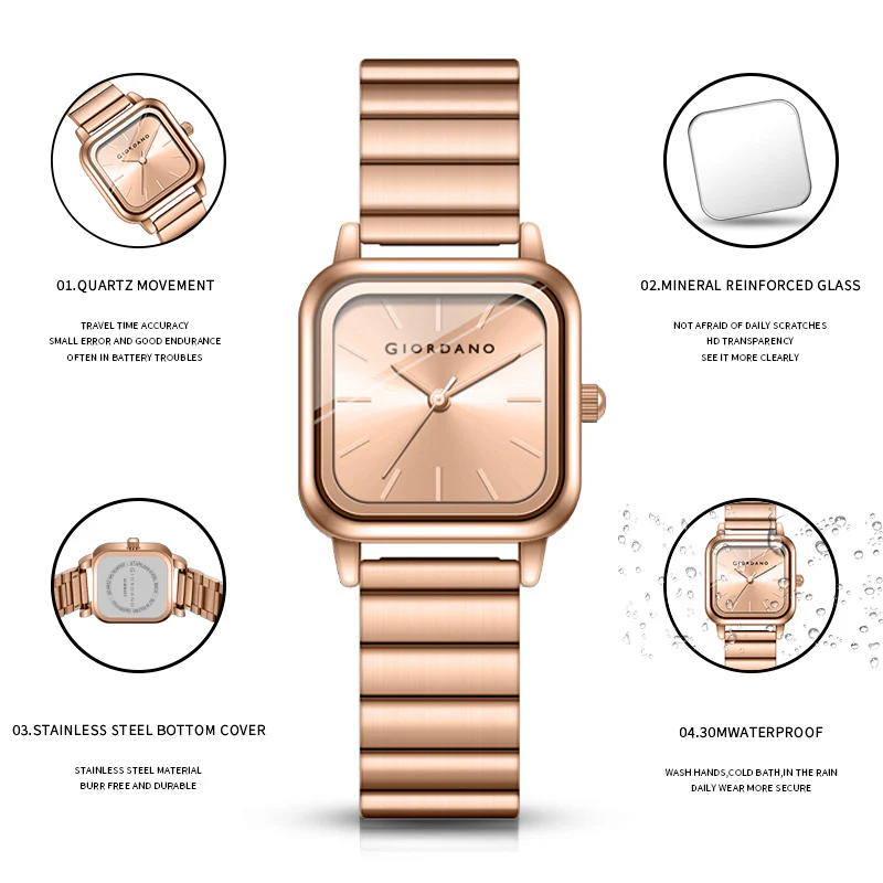 Giordano Classic Square Watch for Women – Polished Stainless Steel Strap, Minimalist Compact Design | GZ-60098-77 - Image 6