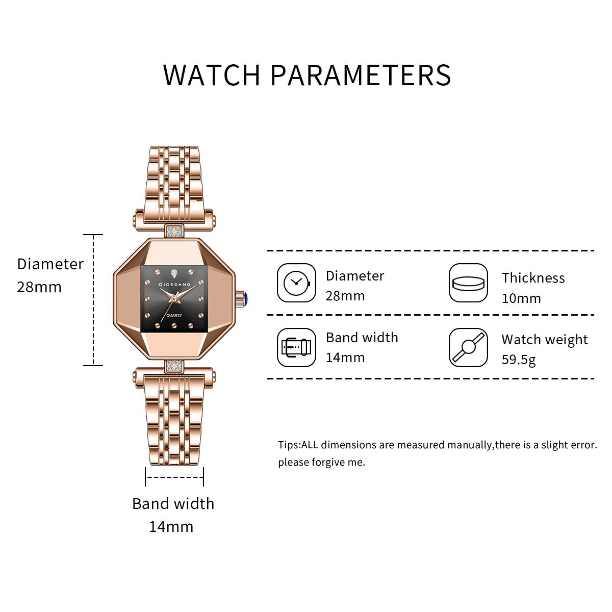 Giordano Dress Watch for Women – Rose Gold Finish, Diamond Accented Octagonal Dial & Stainless Steel Strap | GZ-60096-11 - Image 5