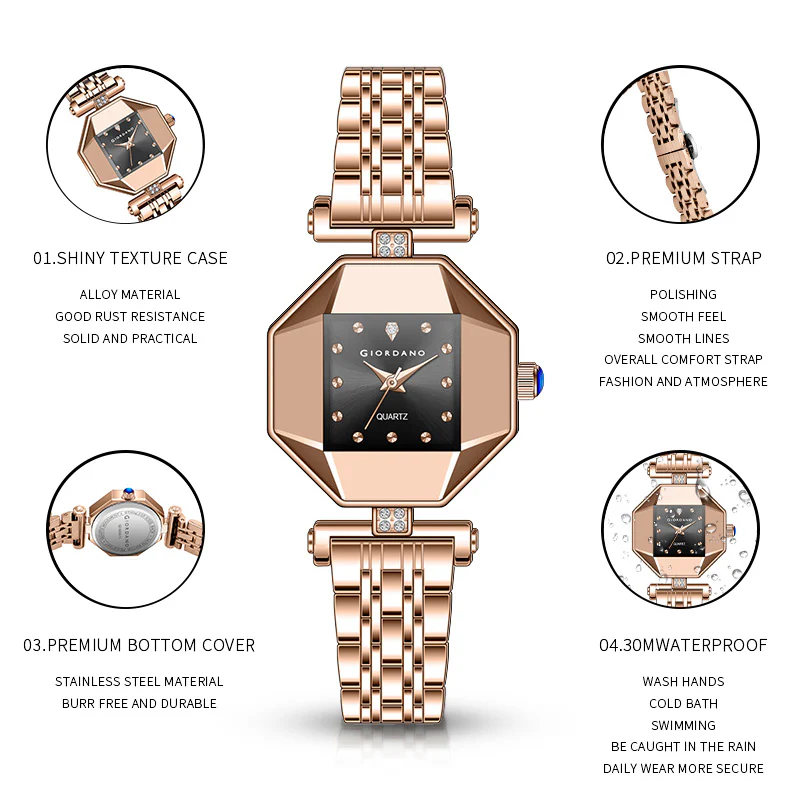 Giordano Dress Watch for Women – Rose Gold Finish, Diamond Accented Octagonal Dial & Stainless Steel Strap | GZ-60096-11 - Image 6