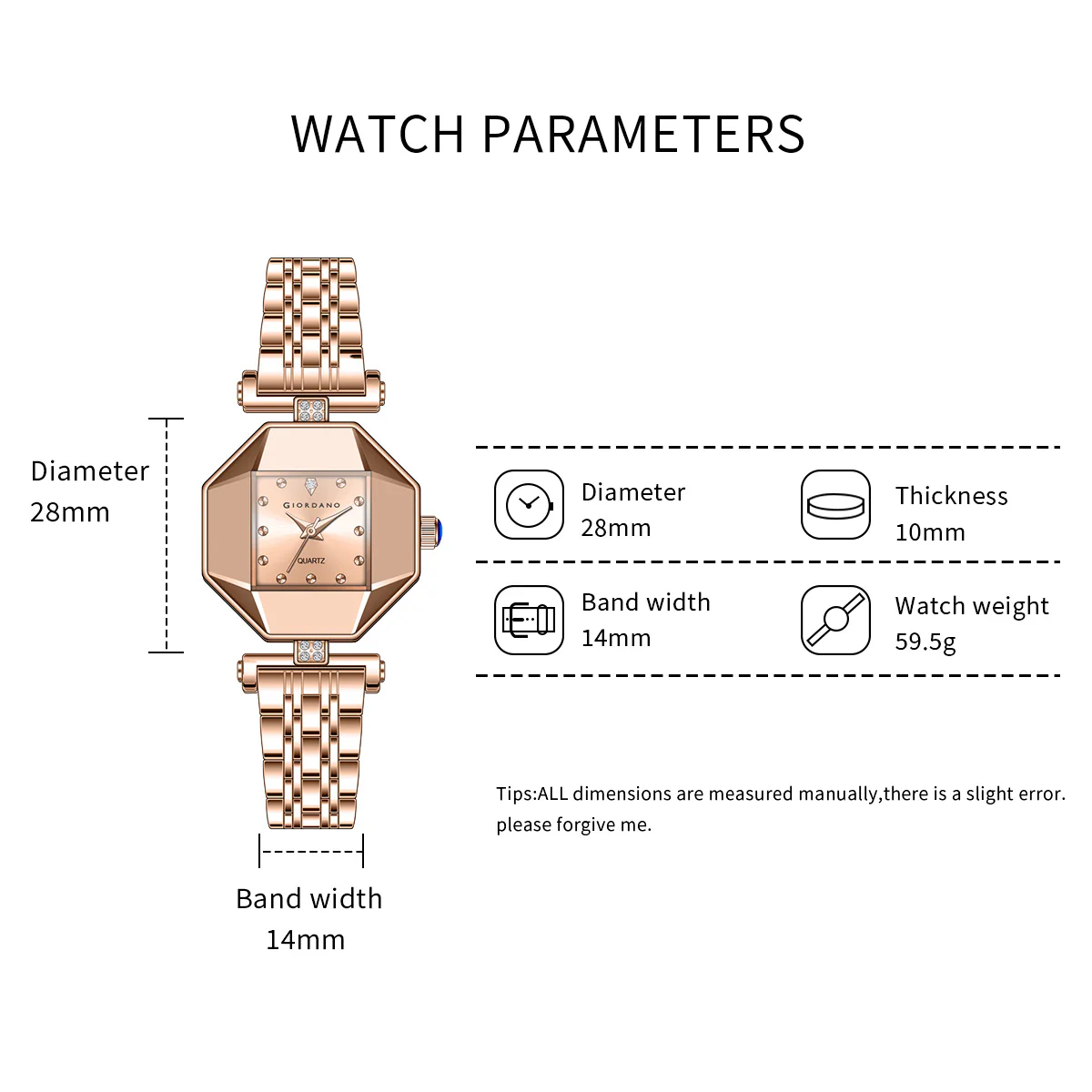 Giordano Dress Watch for Women – Rose Gold Finish, Diamond Accented Octagonal Dial & Stainless Steel Strap | GZ-60096-22 - Image 5