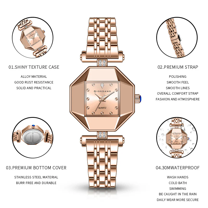 Giordano Dress Watch for Women – Rose Gold Finish, Diamond Accented Octagonal Dial & Stainless Steel Strap | GZ-60096-22 - Image 6