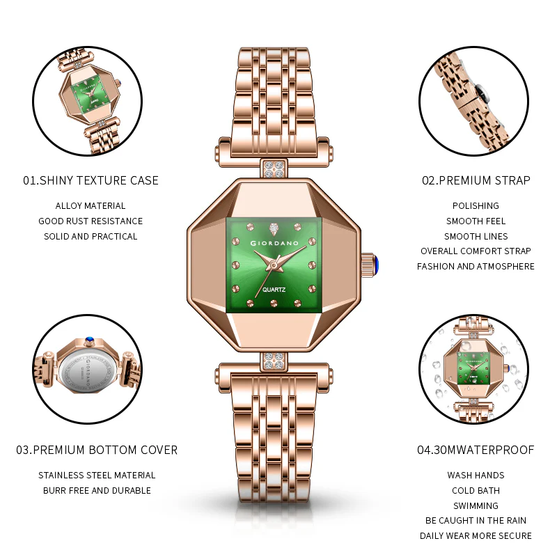 Giordano Dress Watch for Women – Rose Gold Finish, Diamond Accented Octagonal Dial & Stainless Steel Strap | GZ-60096-33 - Image 7
