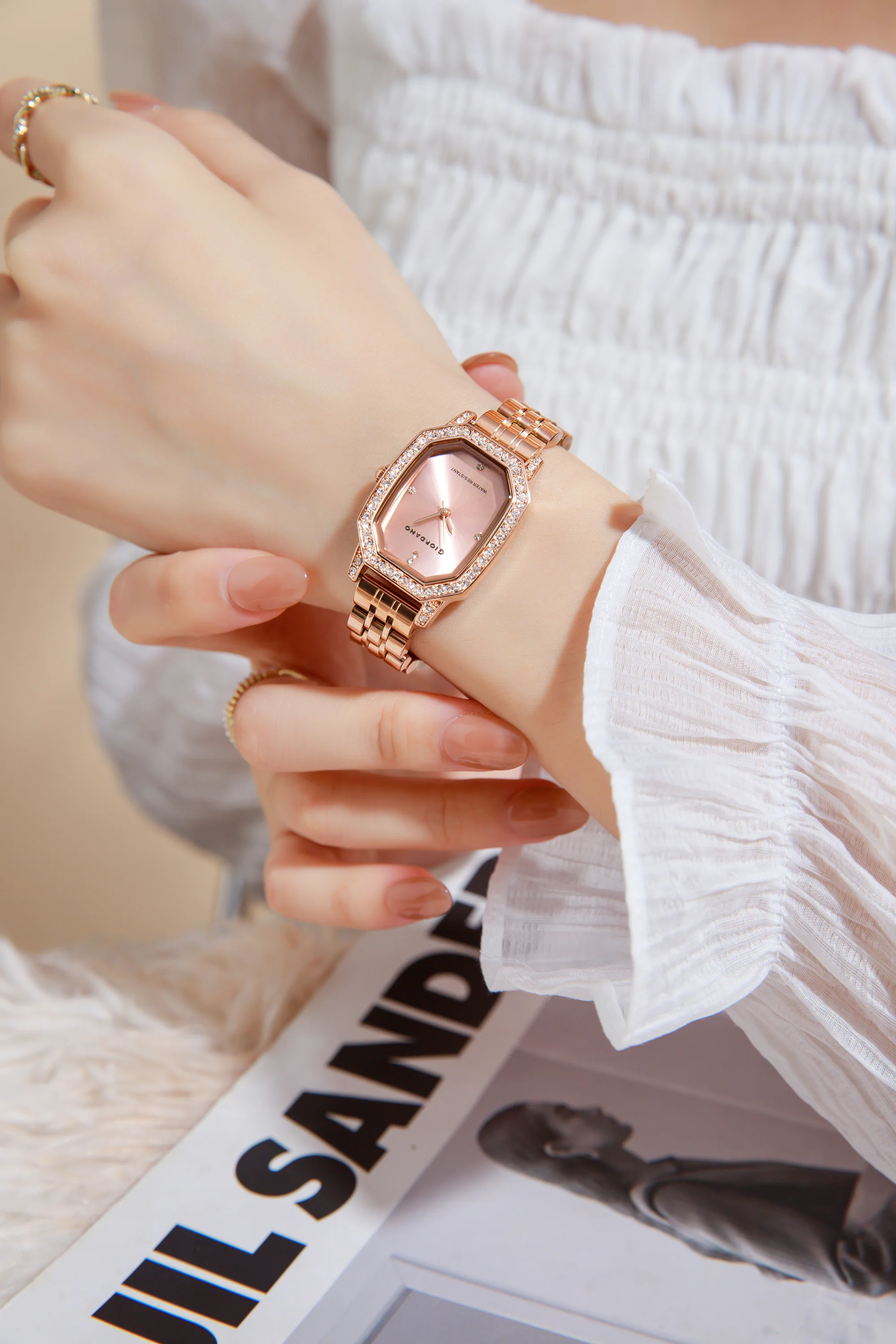 Giordano Elegant Analog Watch for Women – Classic octagonal Dial, diamond bezel and rose gold stainless steel strap | GZ-60114-22 - Image 2