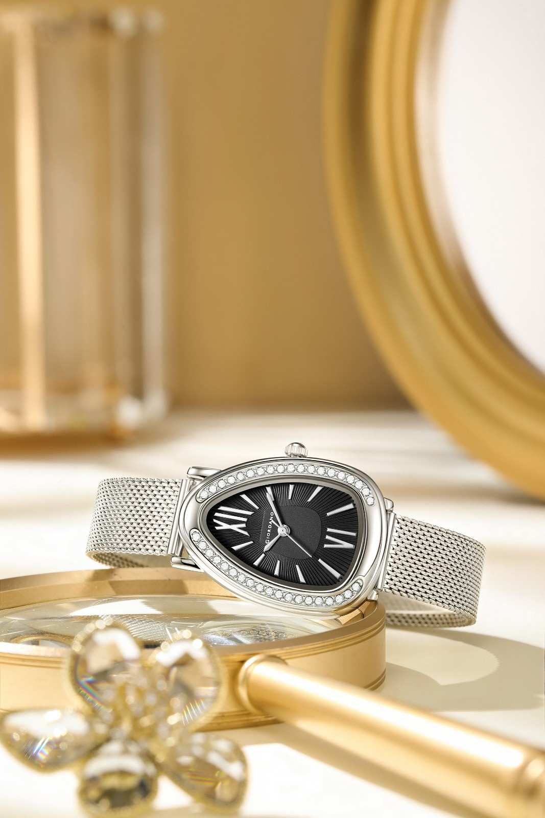 GIORDANO Elegant Analog Watch for Women | Textured Teardrop Dial, Crystal-Studded Oval Case Bezel & Stainless Steel Mesh Strap - GZ-60123-11 - Image 3