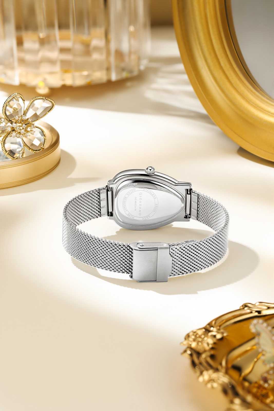 GIORDANO Elegant Analog Watch for Women | Textured Teardrop Dial, Crystal-Studded Oval Case Bezel & Stainless Steel Mesh Strap - GZ-60123-11 - Image 4