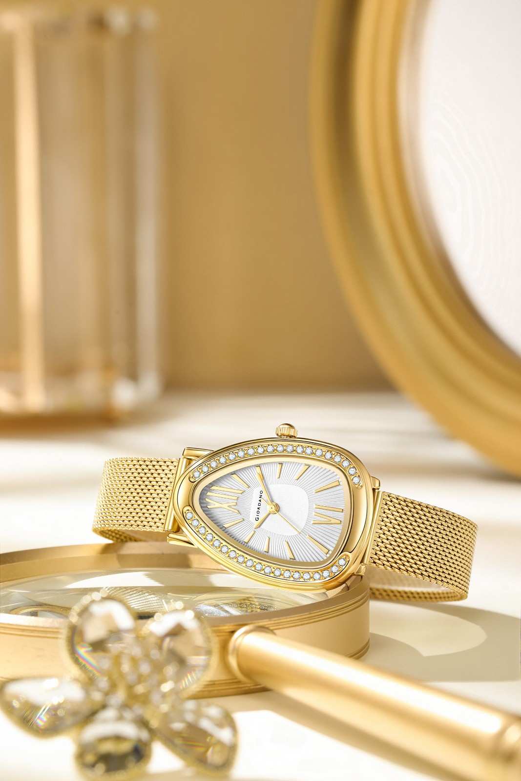GIORDANO Elegant Analog Watch for Women | Textured Teardrop Dial, Crystal-Studded Oval Case Bezel & Stainless Steel Mesh Strap - GZ-60123-22 - Image 3