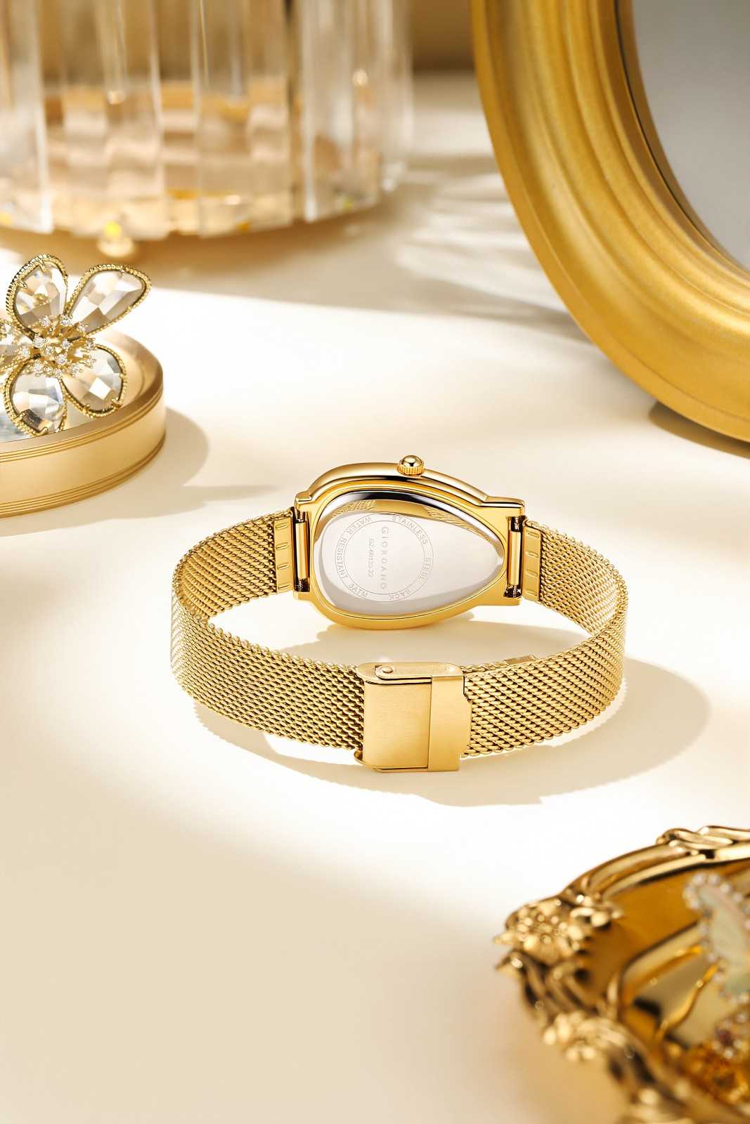 GIORDANO Elegant Analog Watch for Women | Textured Teardrop Dial, Crystal-Studded Oval Case Bezel & Stainless Steel Mesh Strap - GZ-60123-22 - Image 4
