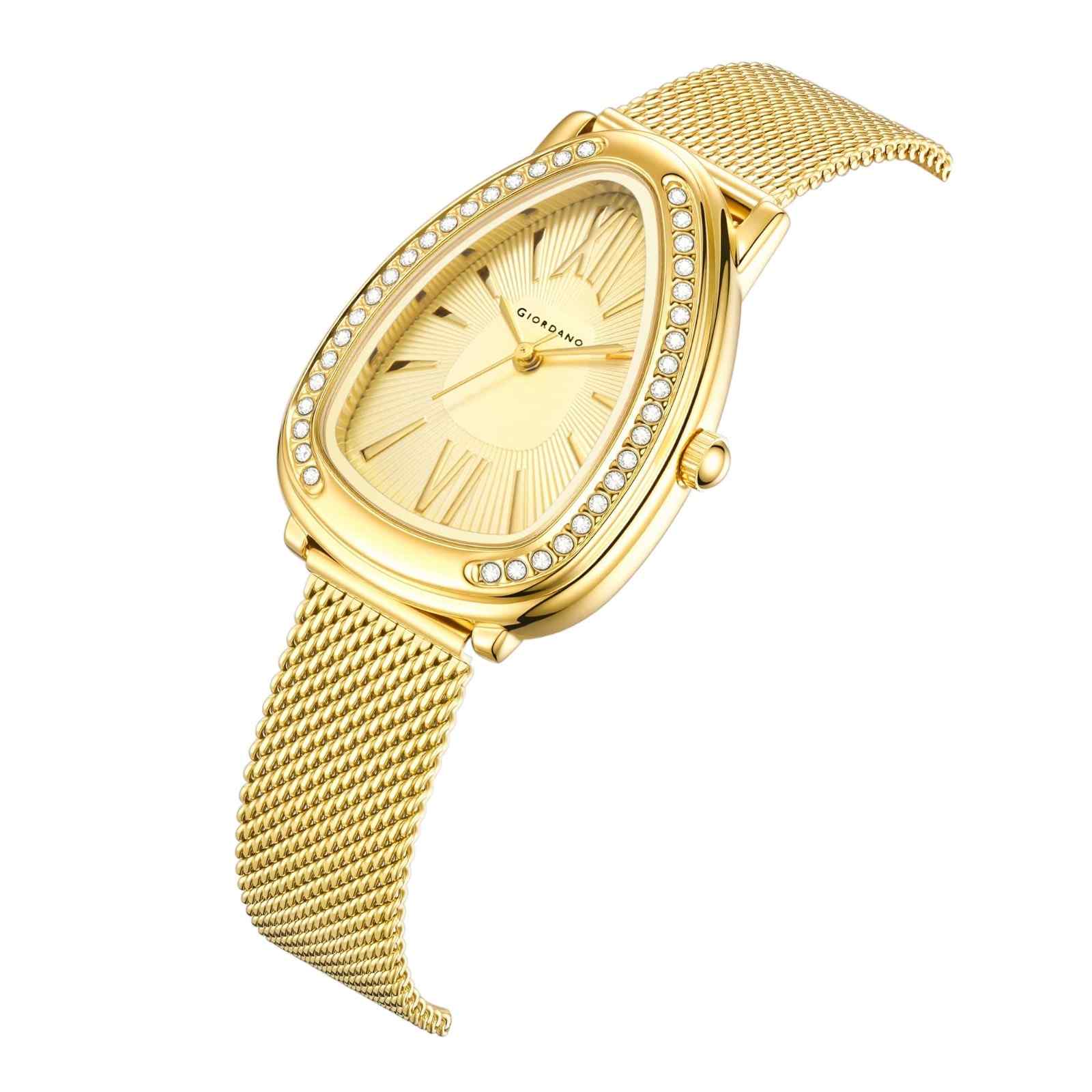 GIORDANO Elegant Analog Watch for Women | Textured Teardrop Dial, Crystal-Studded Oval Case Bezel & Stainless Steel Mesh Strap - GZ-60123-33 - Image 6