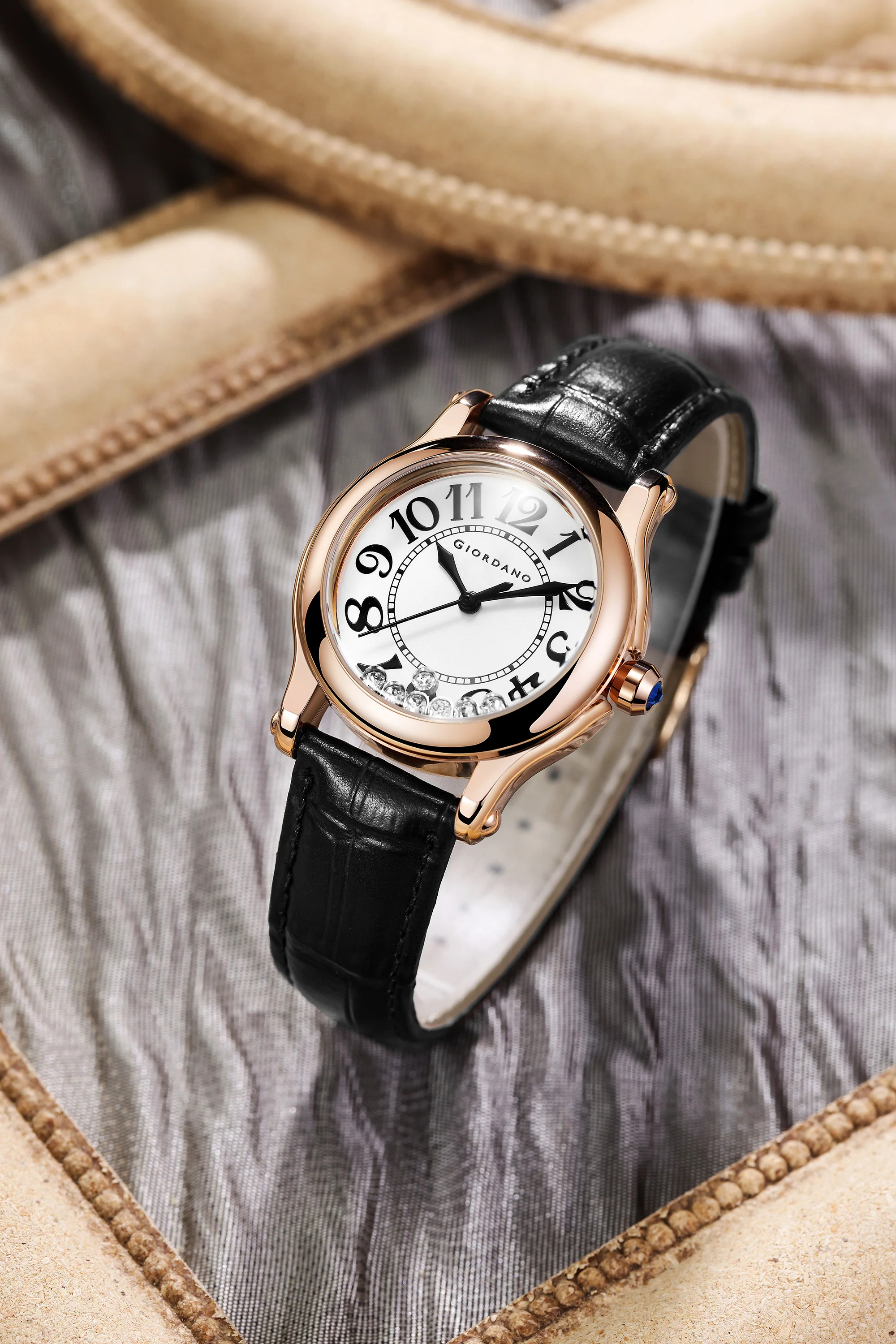 Giordano Elegant Analog Watch for Women with Round Dial & Dancing Diamonds, Arabic Numerals, Blue Crown and Leather Strap - GZ-60149-01 - Image 3
