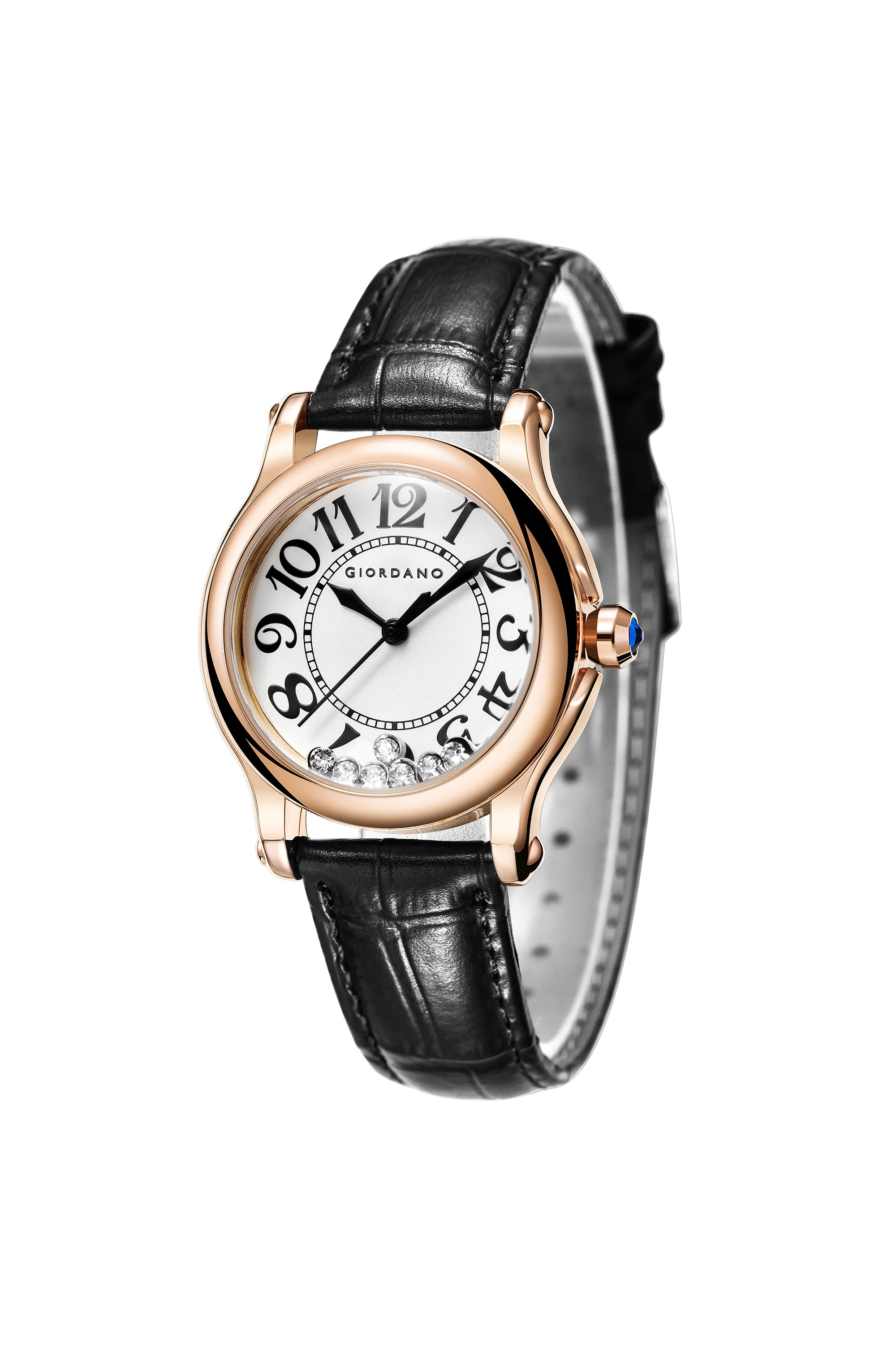 Giordano Elegant Analog Watch for Women with Round Dial & Dancing Diamonds, Arabic Numerals, Blue Crown and Leather Strap - GZ-60149-01 - Image 6