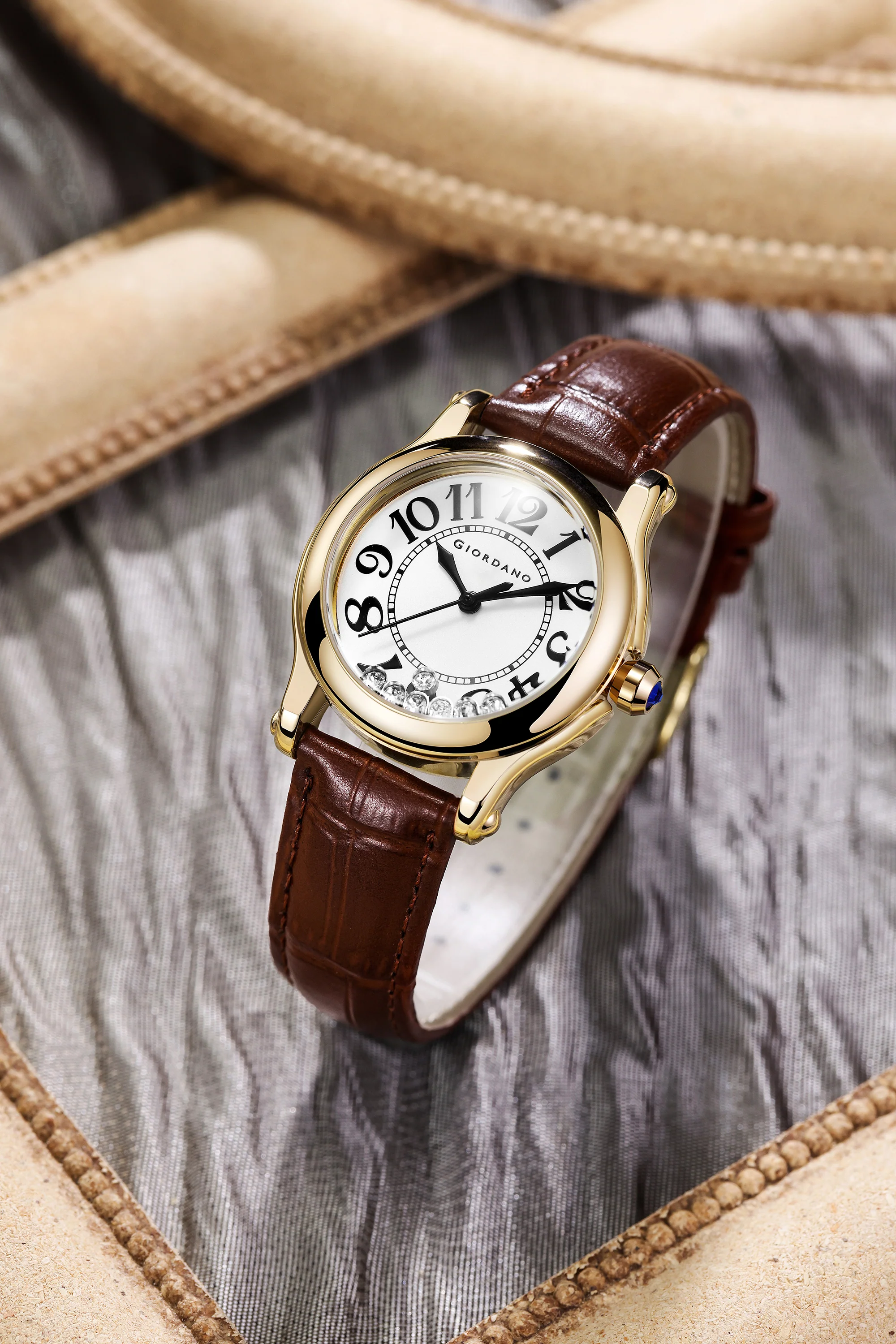 Giordano Elegant Analog Watch for Women with Round Dial & Dancing Diamonds, Arabic Numerals, Blue Crown and Leather Strap - GZ-60149-02 - Image 3