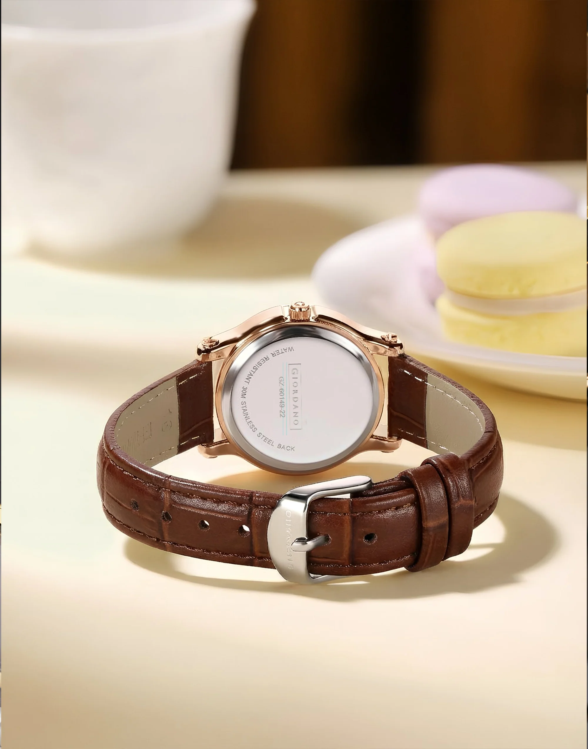 Giordano Elegant Analog Watch for Women with Round Dial & Dancing Diamonds, Arabic Numerals, Blue Crown and Leather Strap - GZ-60149-02 - Image 4