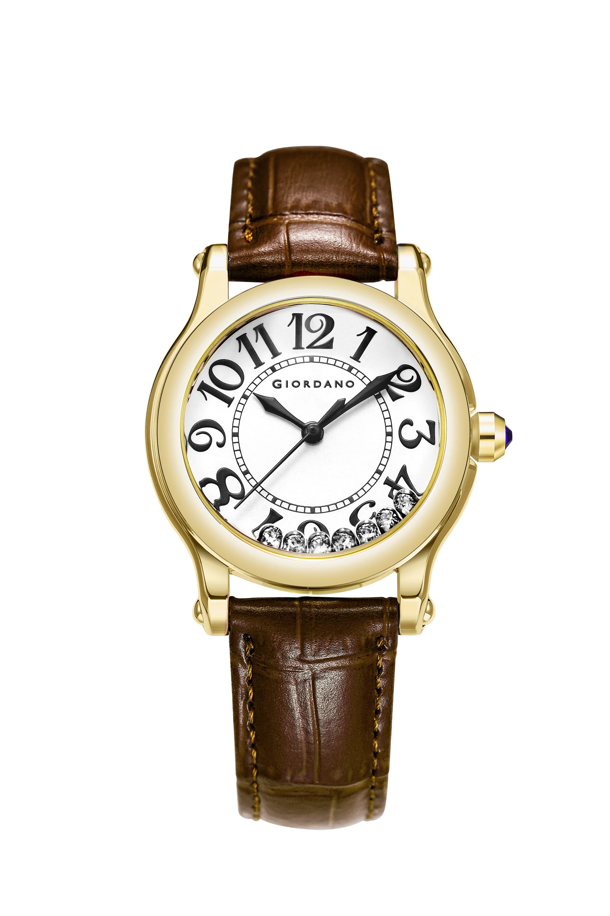 Giordano Elegant Analog Watch for Women with Round Dial & Dancing Diamonds, Arabic Numerals, Blue Crown and Leather Strap - GZ-60149-02 - Image 5