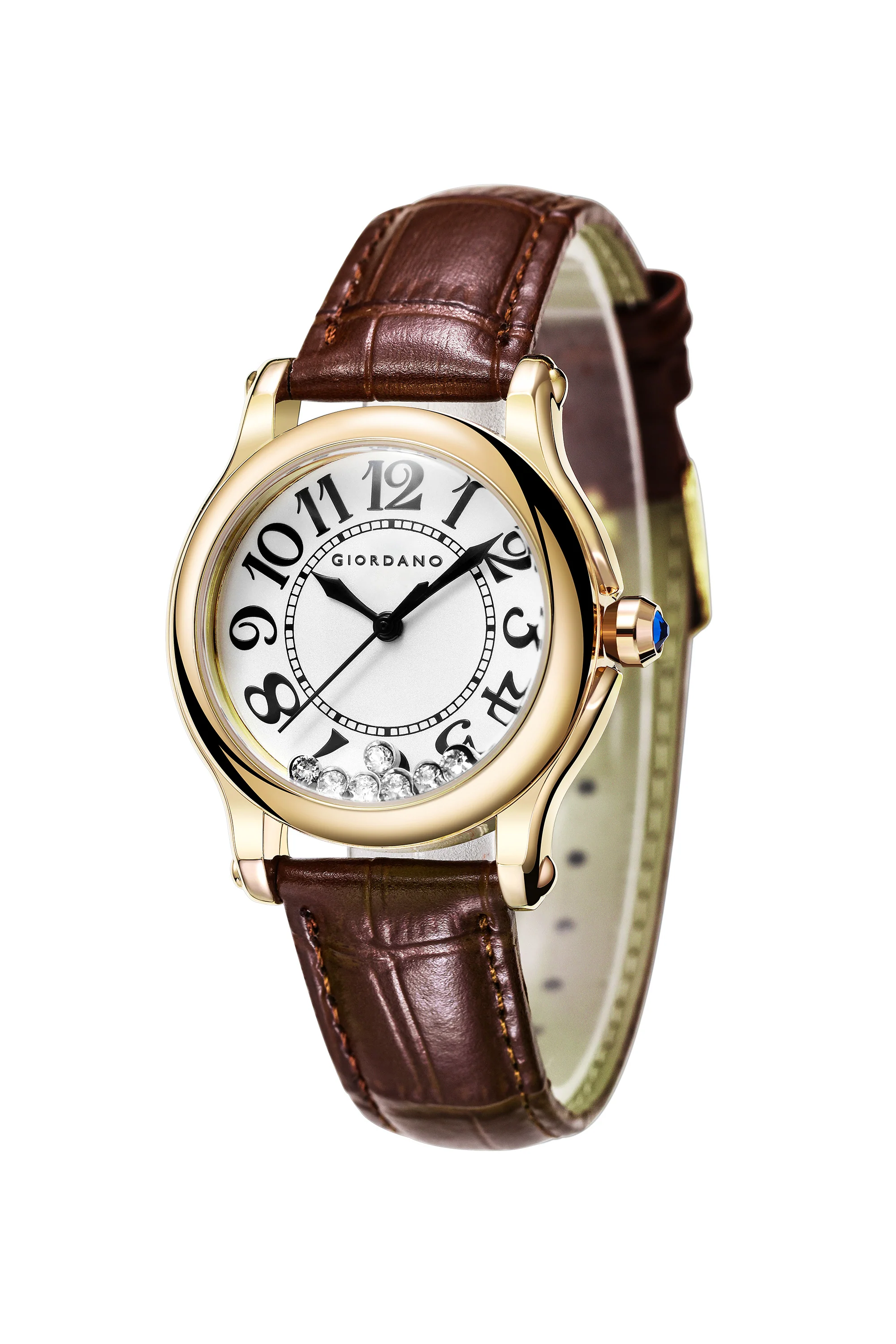 Giordano Elegant Analog Watch for Women with Round Dial & Dancing Diamonds, Arabic Numerals, Blue Crown and Leather Strap - GZ-60149-02 - Image 6