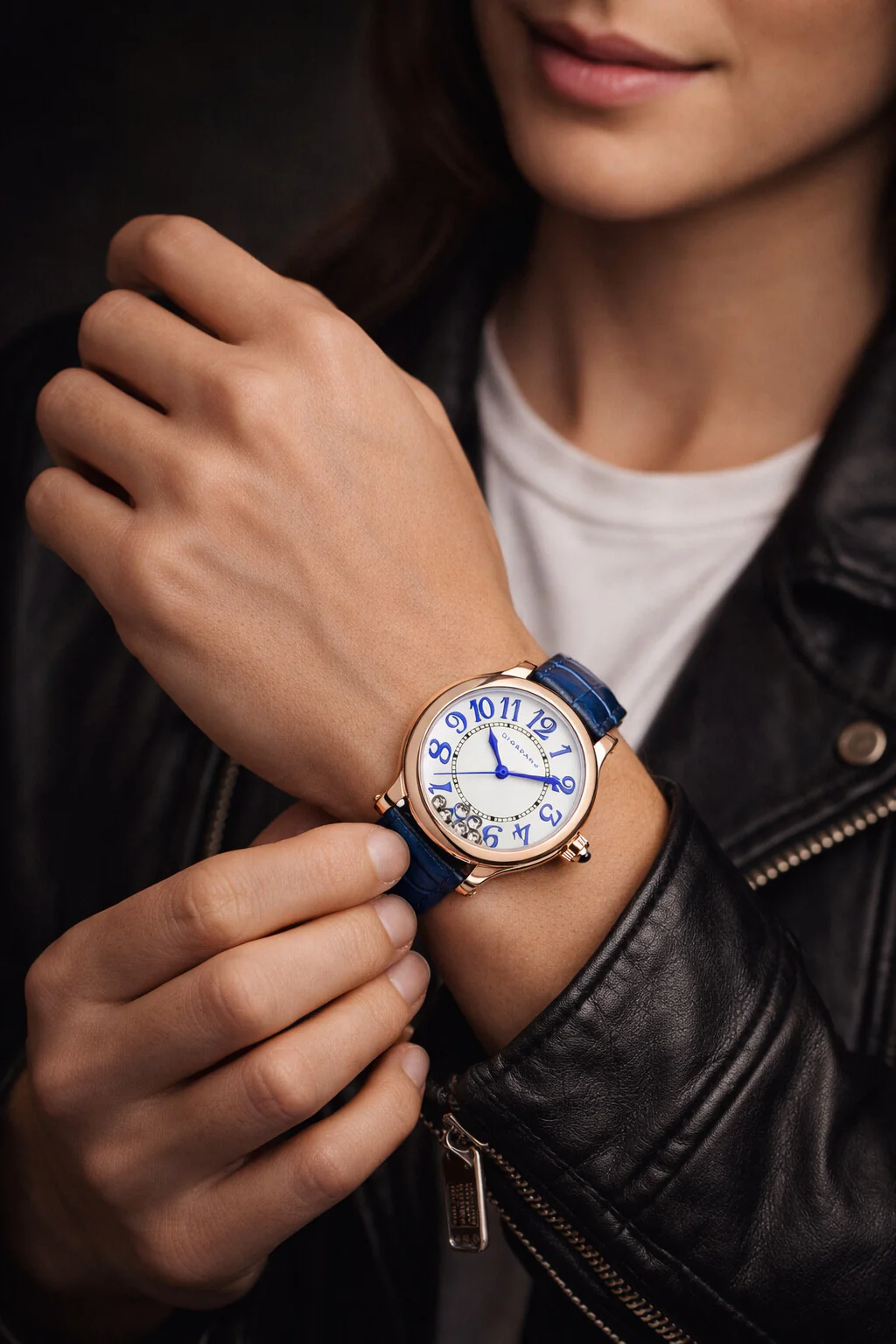 Giordano Elegant Analog Watch for Women with Round Dial & Dancing Diamonds, Arabic Numerals, Blue Crown and Leather Strap - GZ-60149-03 - Image 2