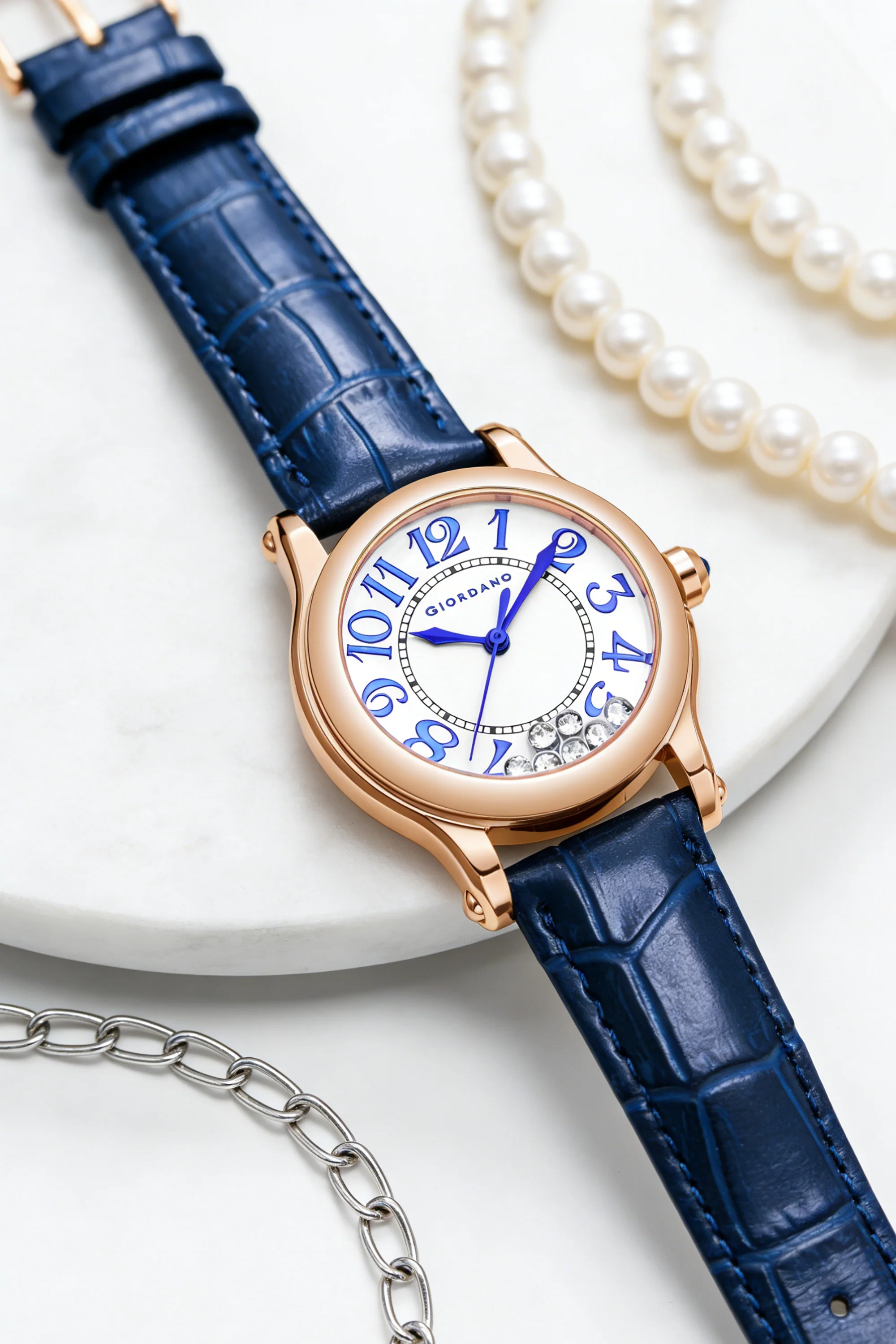 Giordano Elegant Analog Watch for Women with Round Dial & Dancing Diamonds, Arabic Numerals, Blue Crown and Leather Strap - GZ-60149-03 - Image 3