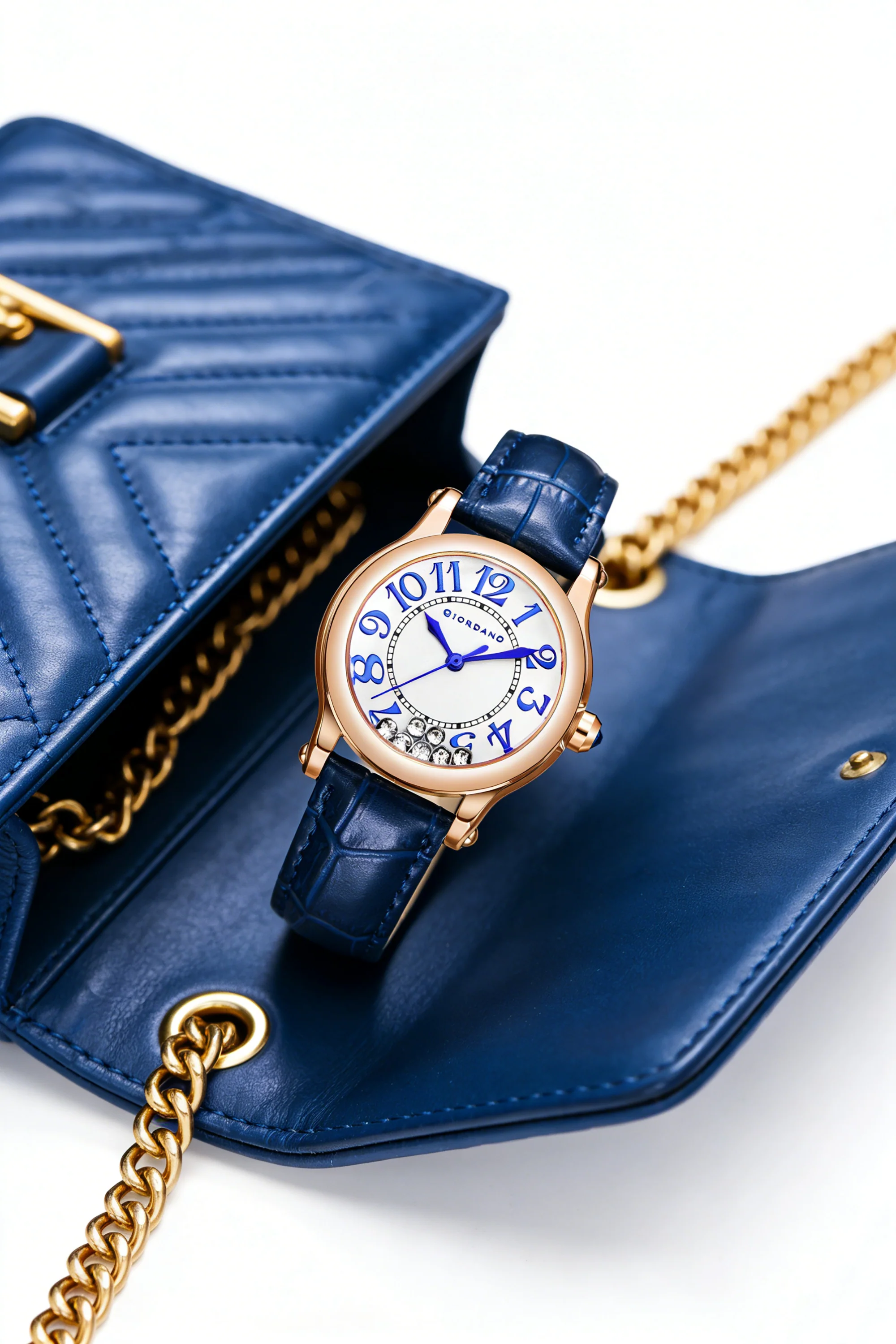 Giordano Elegant Analog Watch for Women with Round Dial & Dancing Diamonds, Arabic Numerals, Blue Crown and Leather Strap - GZ-60149-03 - Image 4