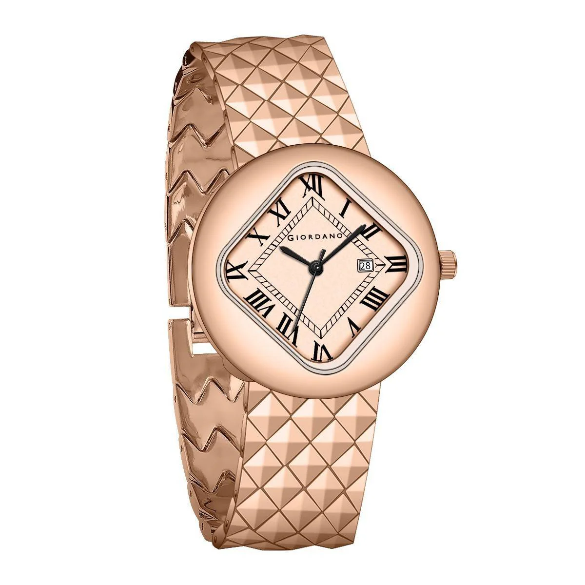 Giordano Elegant Analoge Watch for Women - Unique Rounded-Square Dial, Roman Numeral Dial, Date Display and Textured Stainless Steel Strap | GZ-60121-11 - Image 5