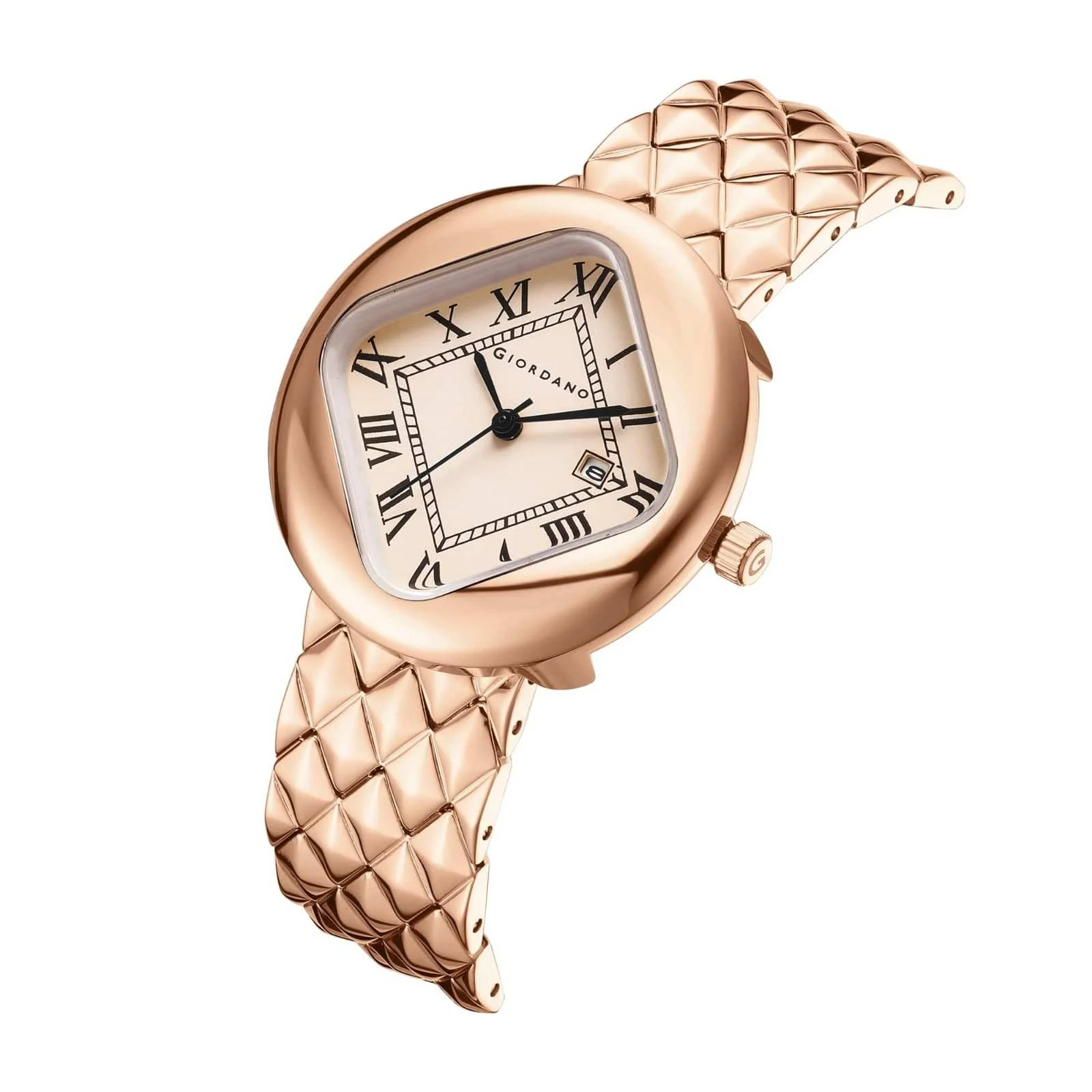 Giordano Elegant Analoge Watch for Women - Unique Rounded-Square Dial, Roman Numeral Dial, Date Display and Textured Stainless Steel Strap | GZ-60121-11 - Image 6