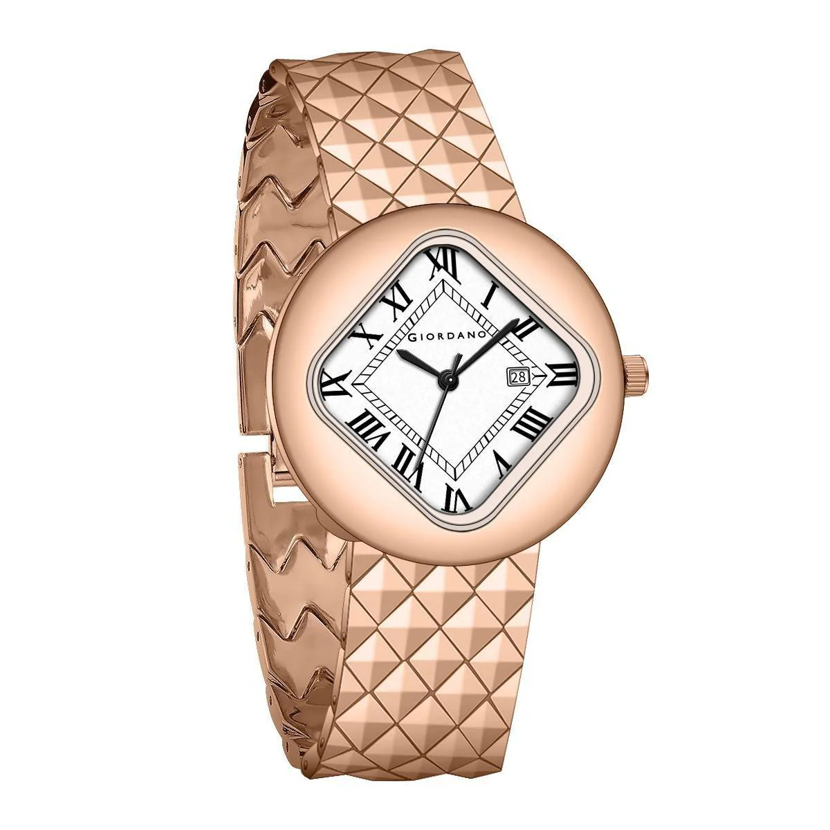 Giordano Elegant Analoge Watch for Women - Unique Rounded-Square Dial, Roman Numeral Dial, Date Display and Textured Stainless Steel Strap | GZ-60121-22 - Image 5