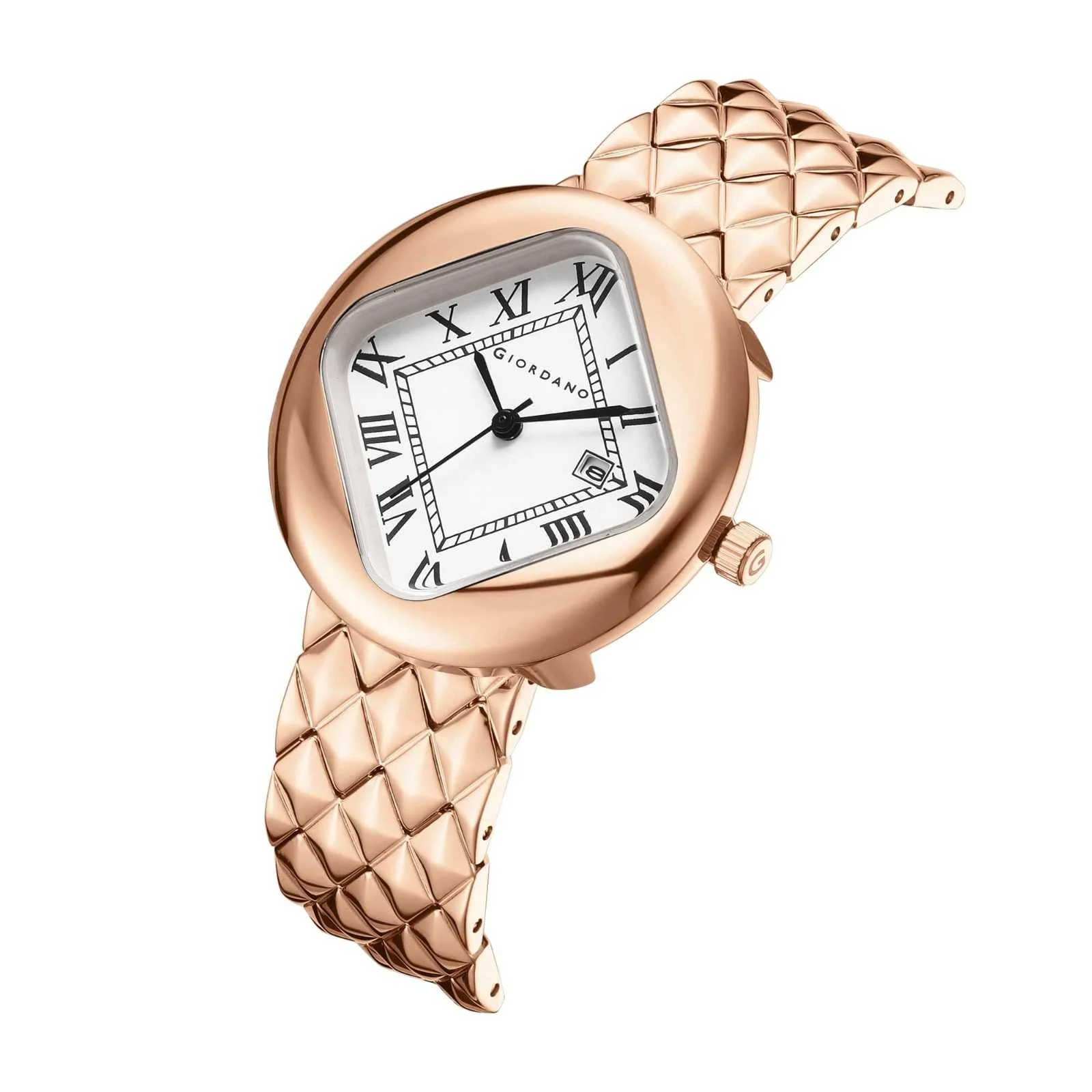 Giordano Elegant Analoge Watch for Women - Unique Rounded-Square Dial, Roman Numeral Dial, Date Display and Textured Stainless Steel Strap | GZ-60121-22 - Image 6