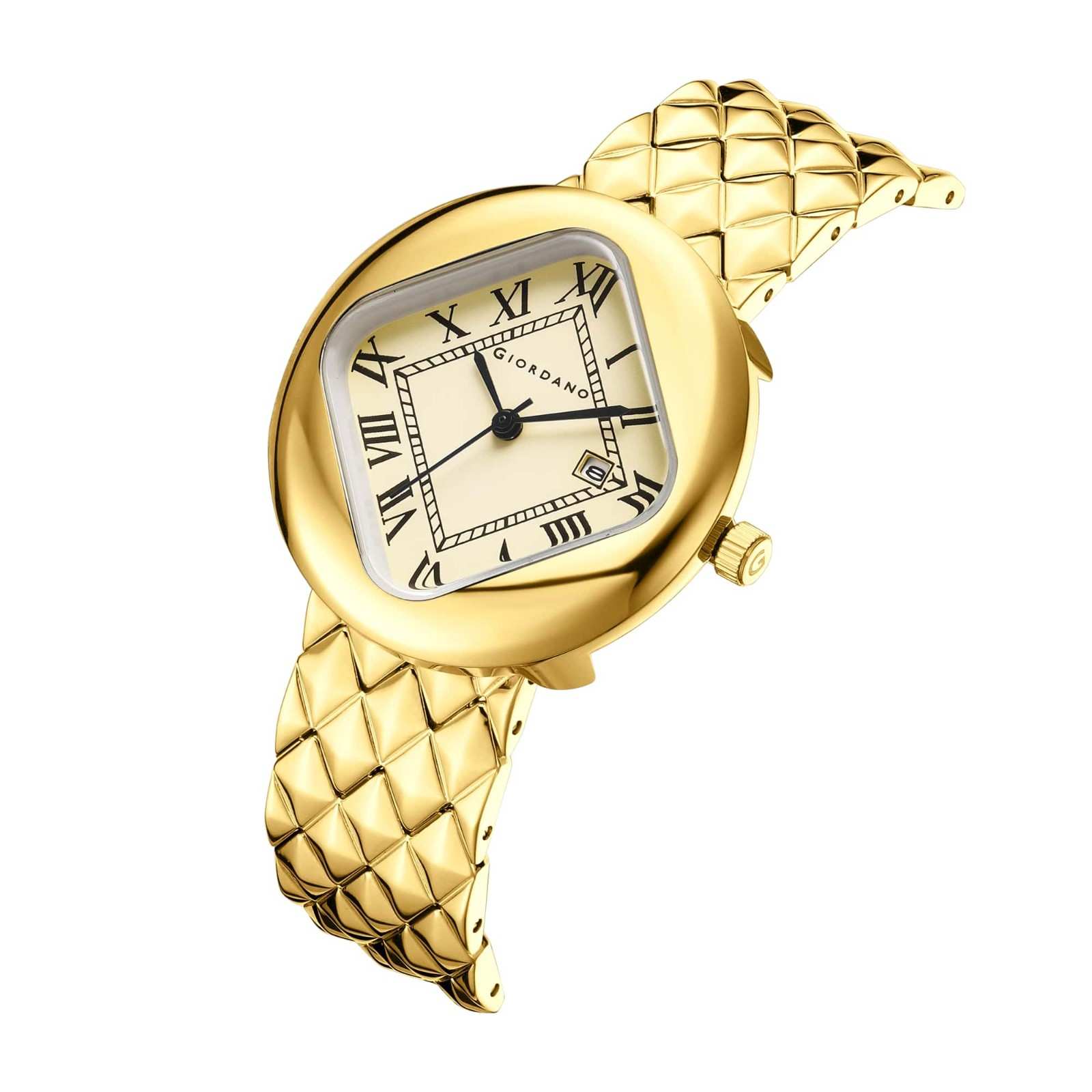 Giordano Elegant Analoge Watch for Women - Unique Rounded-Square Dial, Roman Numeral Dial, Date Display and Textured Stainless Steel Strap | GZ-60121-33 - Image 6