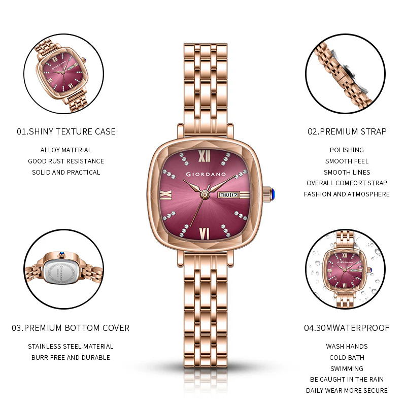 Giordano Elegant Square Rose Gold Watch for Women – Crystal & Roman Hour Markers, Day-Date Display, Stainless Steel Strap | GZ-60097-11 - Image 11
