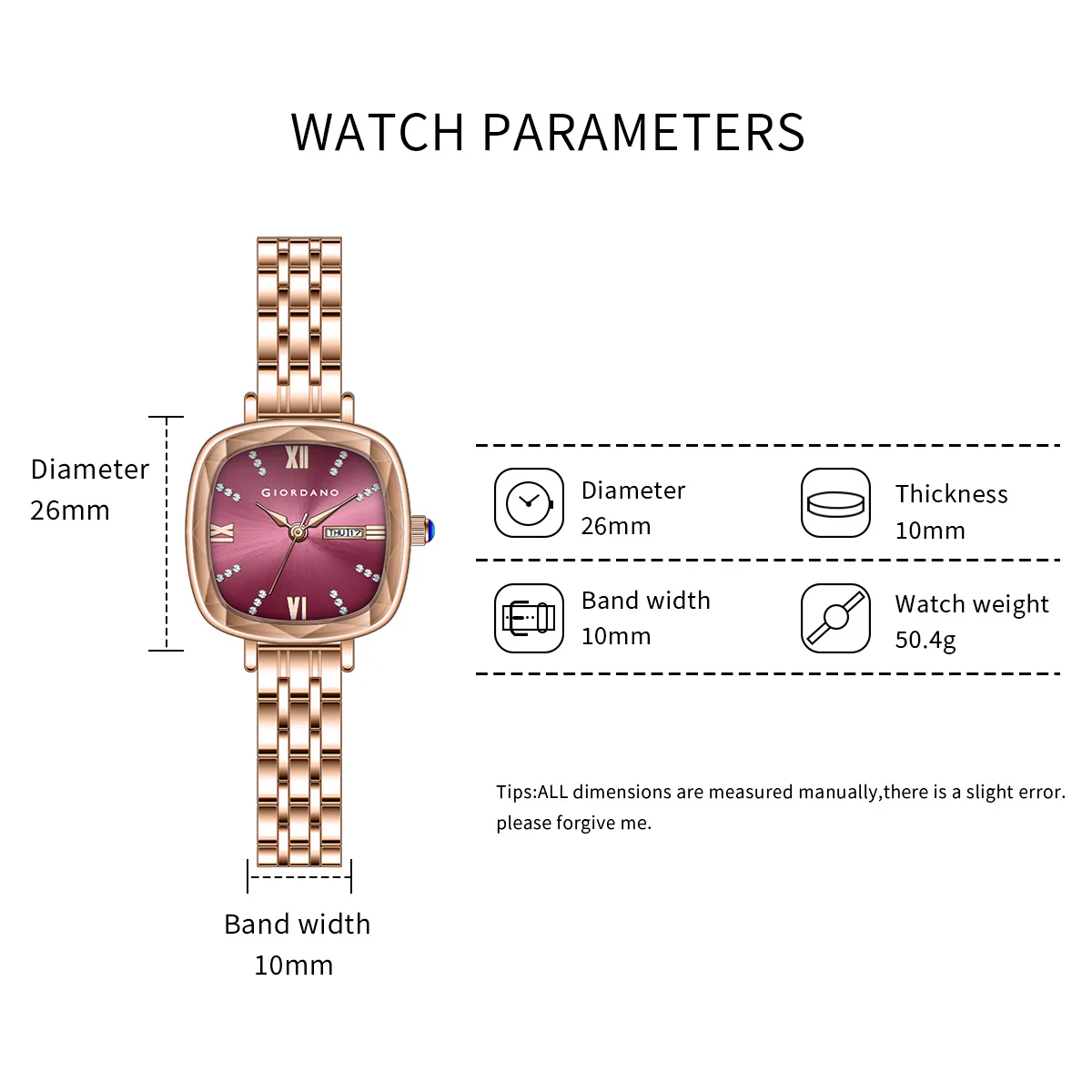 Giordano Elegant Square Rose Gold Watch for Women – Crystal & Roman Hour Markers, Day-Date Display, Stainless Steel Strap | GZ-60097-11 - Image 12