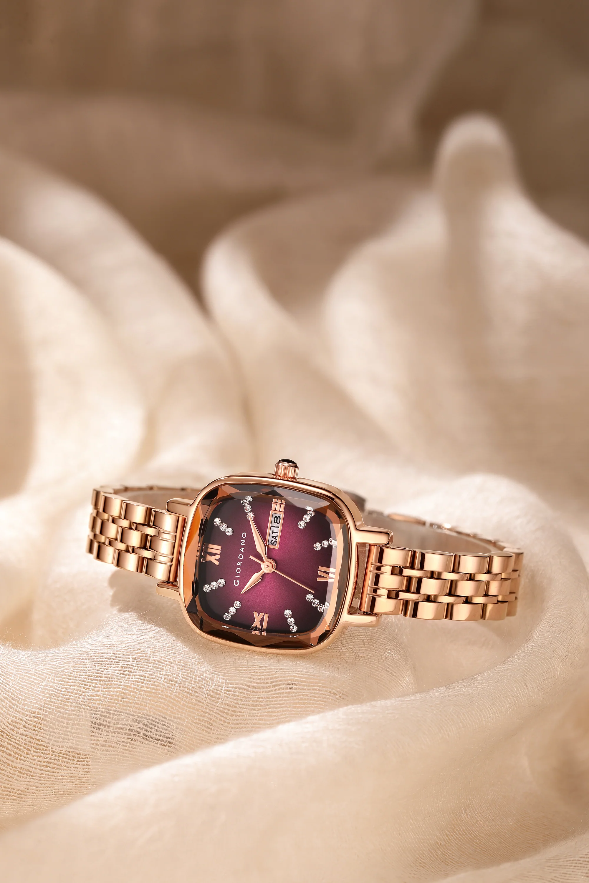 Giordano Elegant Square Rose Gold Watch for Women – Crystal & Roman Hour Markers, Day-Date Display, Stainless Steel Strap | GZ-60097-11 - Image 4