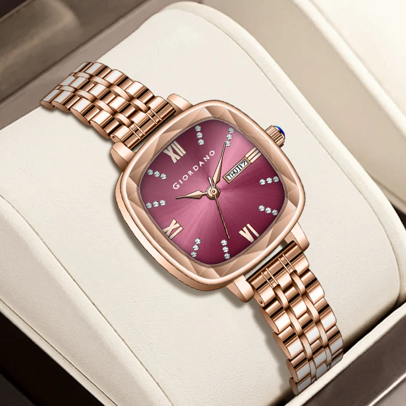Giordano Elegant Square Rose Gold Watch for Women – Crystal & Roman Hour Markers, Day-Date Display, Stainless Steel Strap | GZ-60097-11 - Image 6