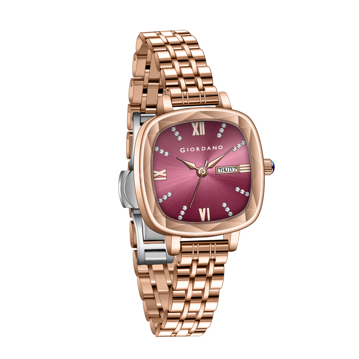 Giordano Elegant Square Rose Gold Watch for Women – Crystal & Roman Hour Markers, Day-Date Display, Stainless Steel Strap | GZ-60097-11 - Image 7
