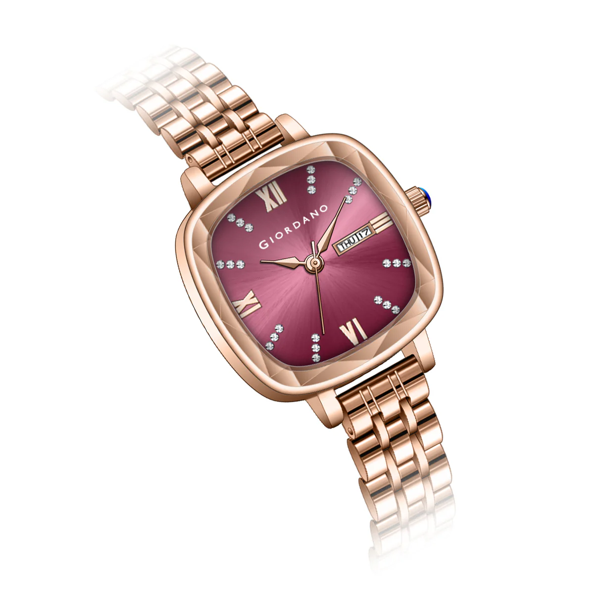Giordano Elegant Square Rose Gold Watch for Women – Crystal & Roman Hour Markers, Day-Date Display, Stainless Steel Strap | GZ-60097-11 - Image 8