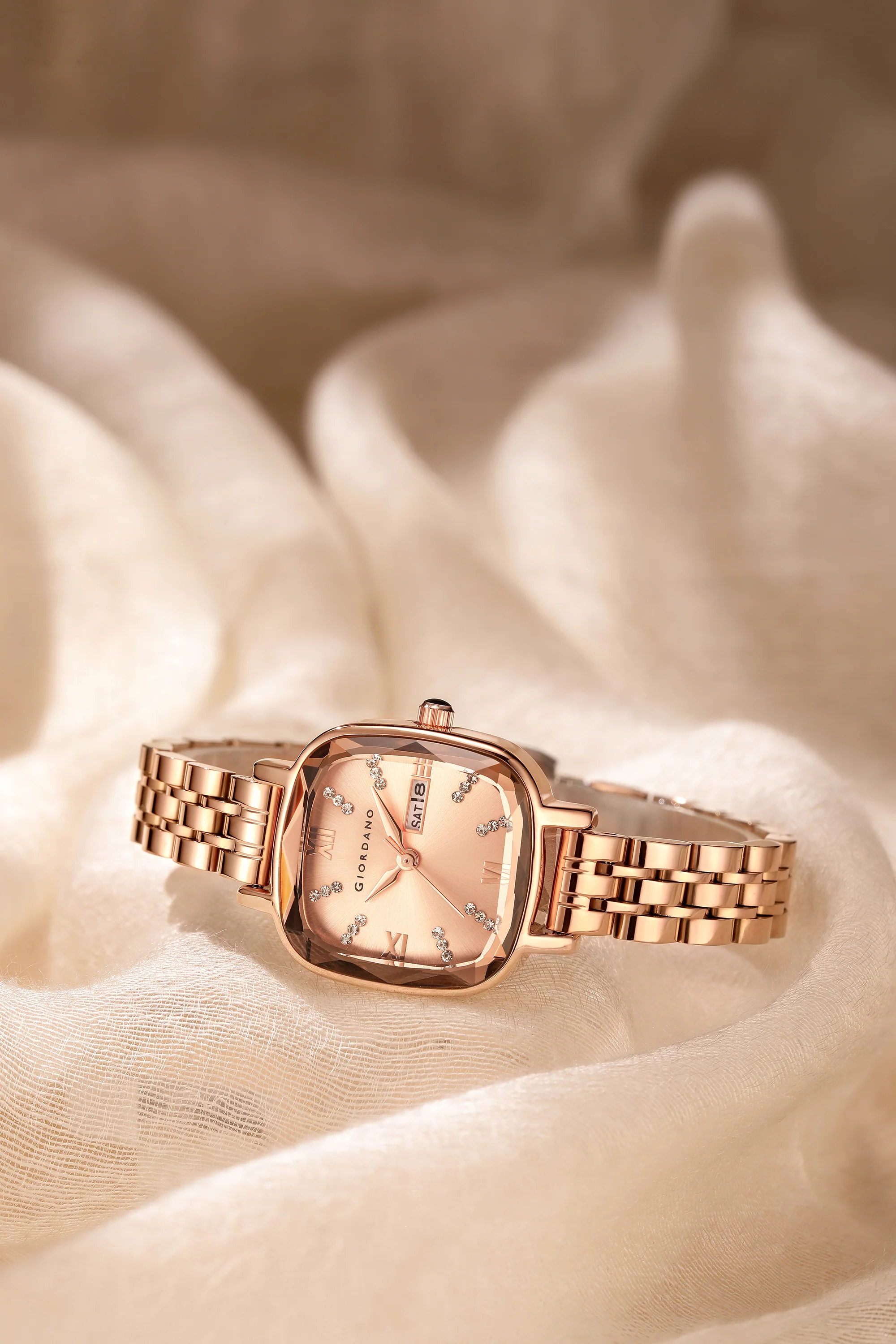Giordano Elegant Square Rose Gold Watch for Women – Crystal & Roman Hour Markers, Day-Date Display, Stainless Steel Strap | GZ-60097-22 - Image 3