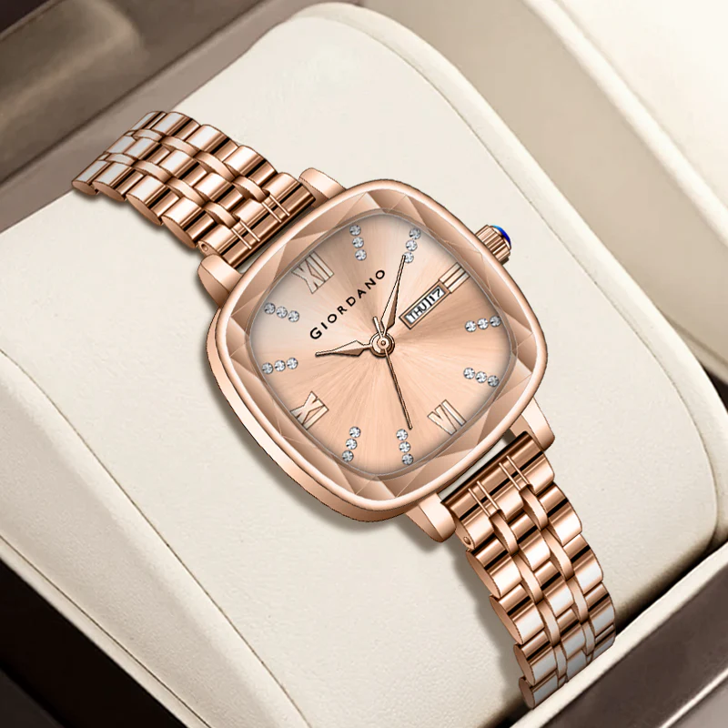 Giordano Elegant Square Rose Gold Watch for Women – Crystal & Roman Hour Markers, Day-Date Display, Stainless Steel Strap | GZ-60097-22 - Image 4