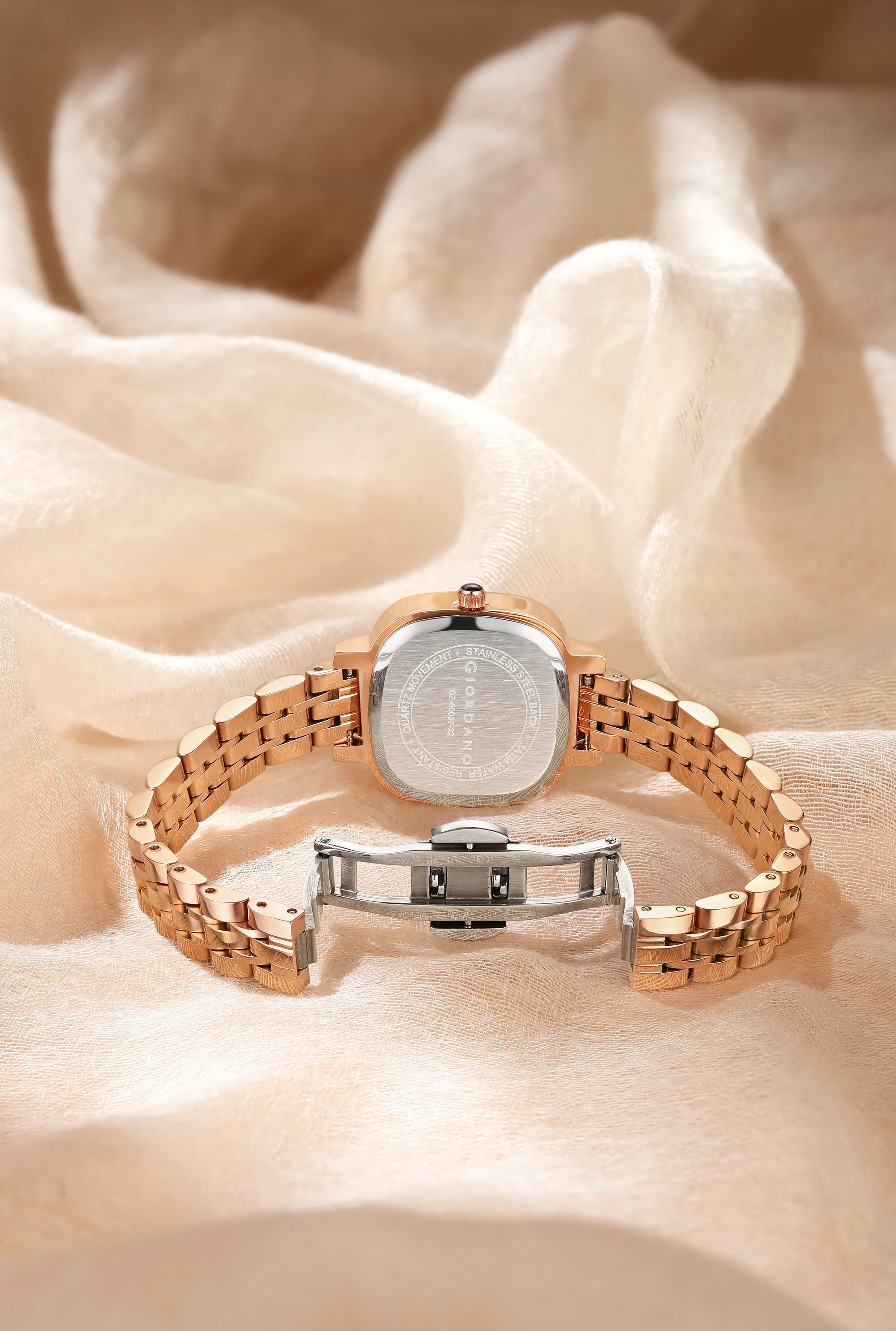 Giordano Elegant Square Rose Gold Watch for Women – Crystal & Roman Hour Markers, Day-Date Display, Stainless Steel Strap | GZ-60097-22 - Image 5