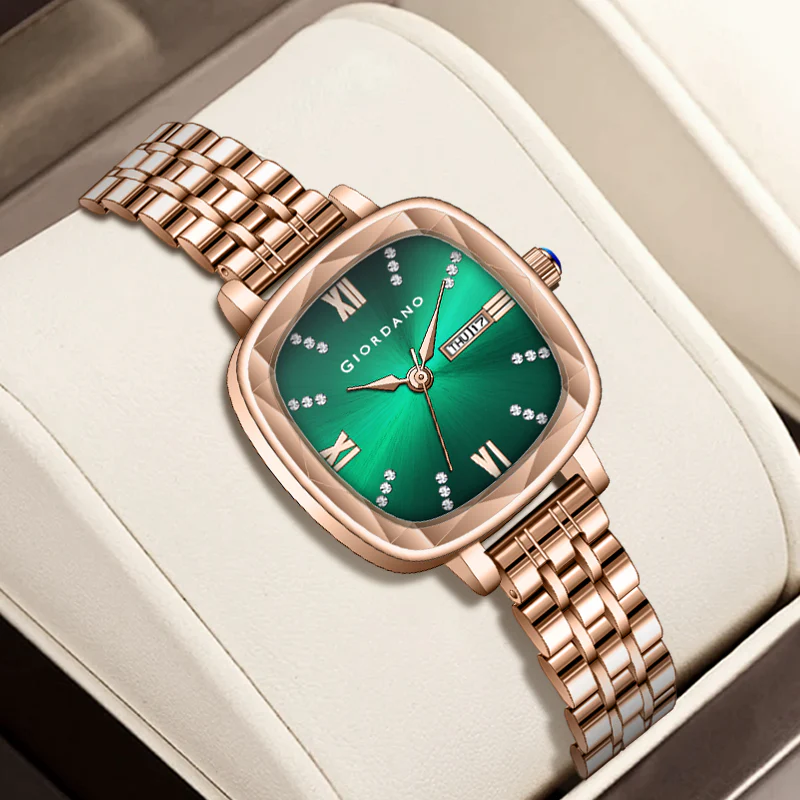 Giordano Elegant Square Rose Gold Watch for Women – Crystal & Roman Hour Markers, Day-Date Display, Stainless Steel Strap | GZ-60097-33 - Image 5