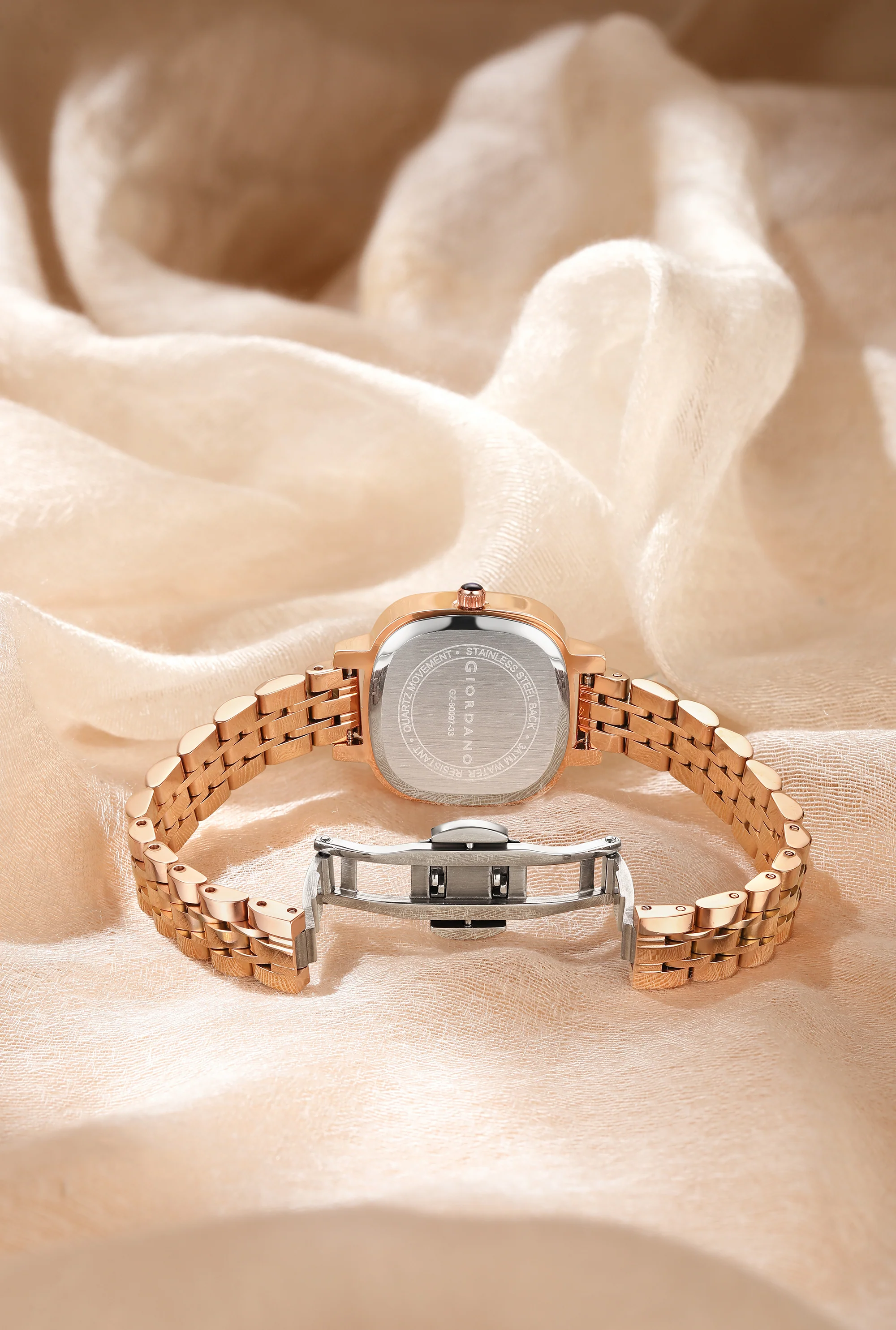Giordano Elegant Square Rose Gold Watch for Women – Crystal & Roman Hour Markers, Day-Date Display, Stainless Steel Strap | GZ-60097-33 - Image 6