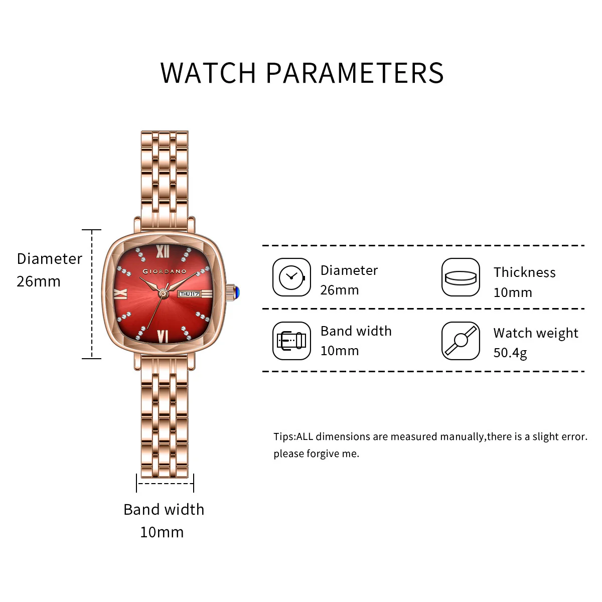 Giordano Elegant Square Watch for Women – Crystal & Roman Hour Markers, Day-Date Display, Stainless Steel Strap | GZ-60097-44 - Image 4