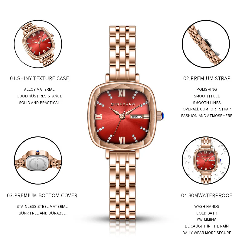 Giordano Elegant Square Watch for Women – Crystal & Roman Hour Markers, Day-Date Display, Stainless Steel Strap | GZ-60097-44 - Image 5