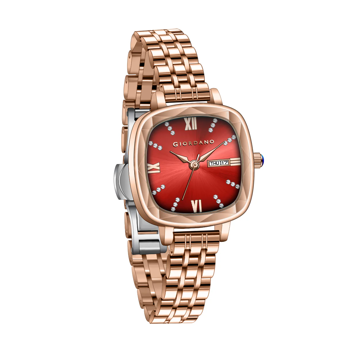 Giordano Elegant Square Watch for Women – Crystal & Roman Hour Markers, Day-Date Display, Stainless Steel Strap | GZ-60097-44 - Image 6