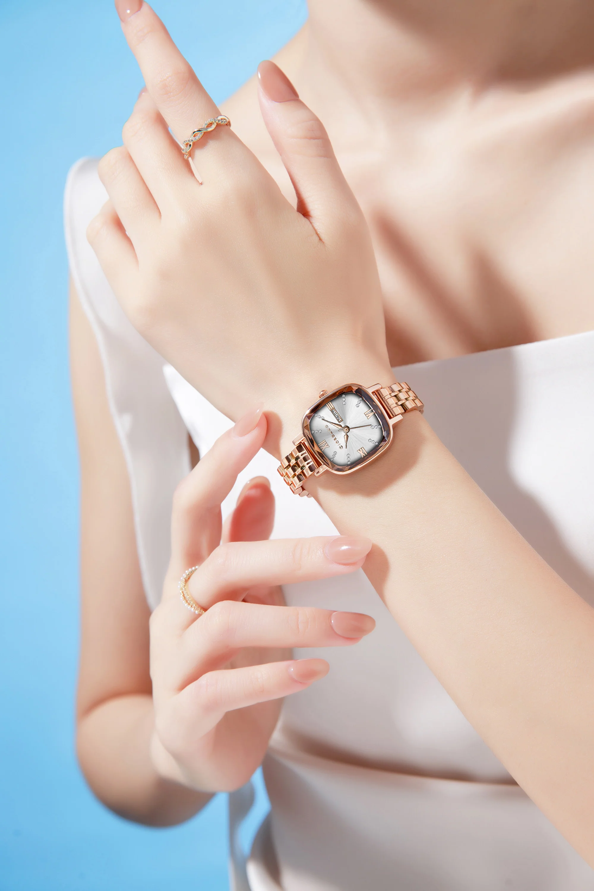 Giordano Elegant Square Watch for Women – Crystal & Roman Hour Markers, Day-Date Display, Stainless Steel Strap | GZ-60097-55 - Image 2