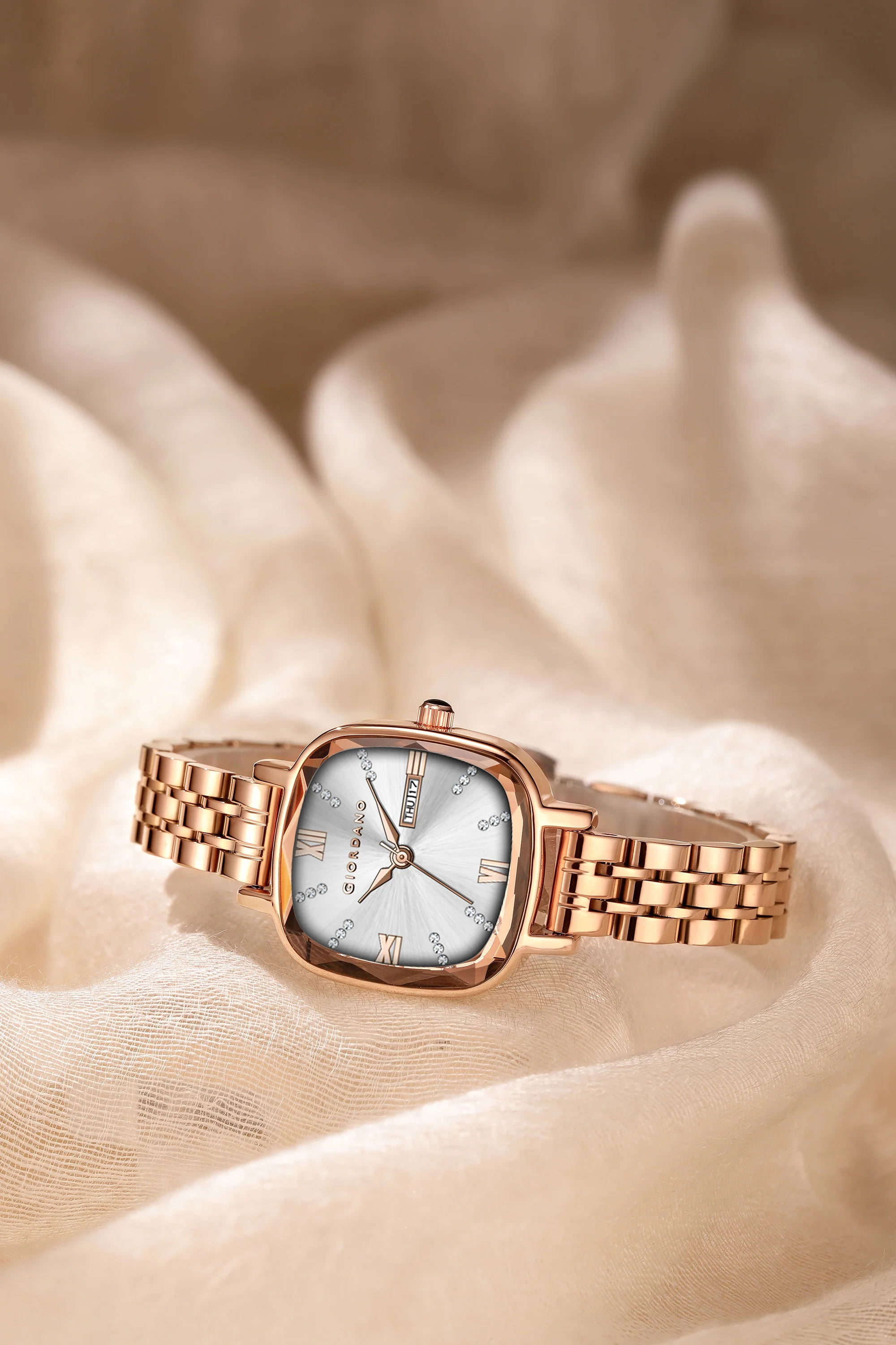 Giordano Elegant Square Watch for Women – Crystal & Roman Hour Markers, Day-Date Display, Stainless Steel Strap | GZ-60097-55 - Image 3