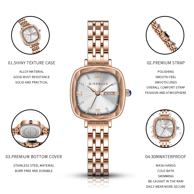 Giordano Elegant Square Watch for Women – Crystal & Roman Hour Markers, Day-Date Display, Stainless Steel Strap | GZ-60097-55 - Image 5