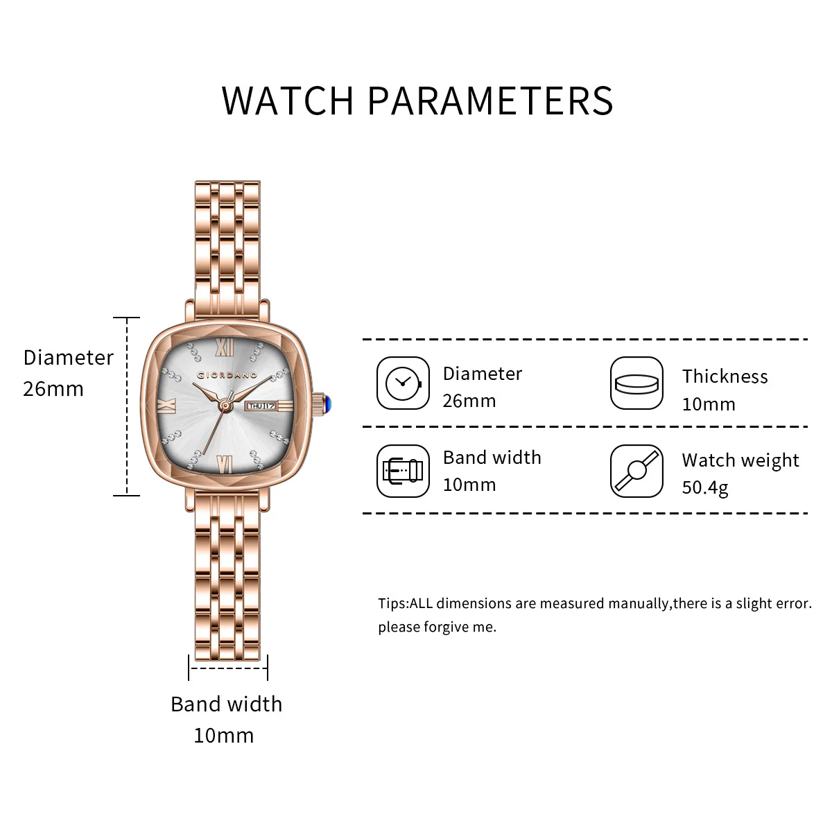 Giordano Elegant Square Watch for Women – Crystal & Roman Hour Markers, Day-Date Display, Stainless Steel Strap | GZ-60097-55 - Image 6