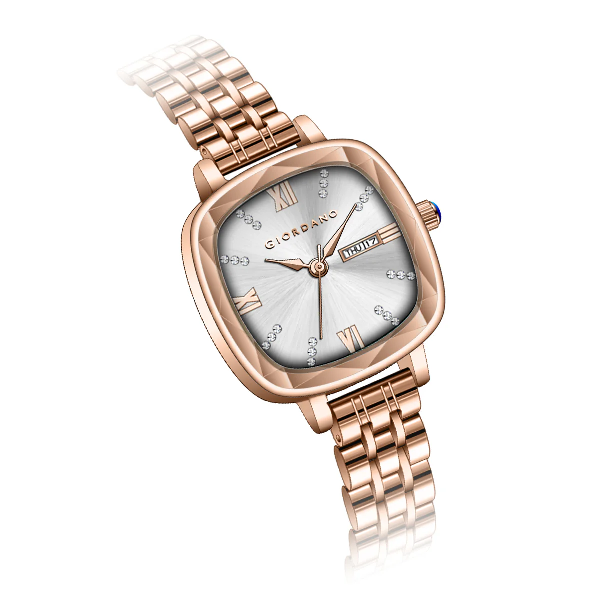 Giordano Elegant Square Watch for Women – Crystal & Roman Hour Markers, Day-Date Display, Stainless Steel Strap | GZ-60097-55 - Image 9
