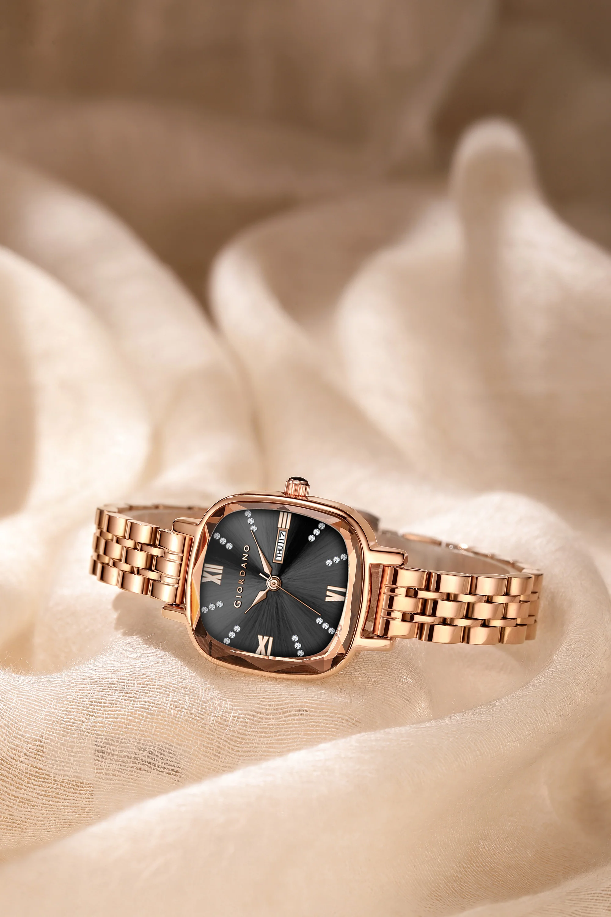 Giordano Elegant Square Watch for Women – Crystal & Roman Hour Markers, Day-Date Display, Stainless Steel Strap | GZ-60097-66 - Image 3