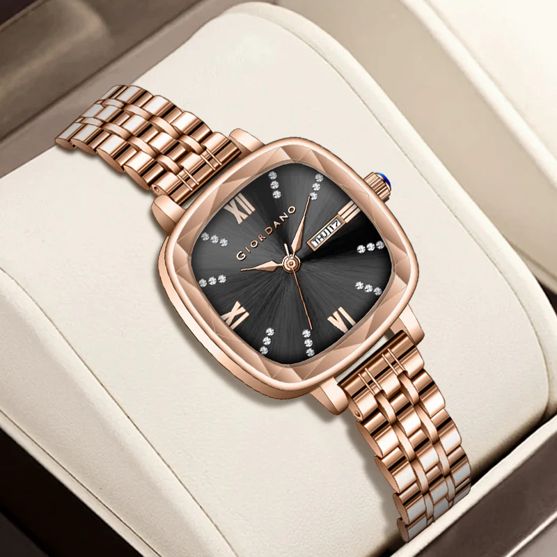 Giordano Elegant Square Watch for Women – Crystal & Roman Hour Markers, Day-Date Display, Stainless Steel Strap | GZ-60097-66 - Image 4