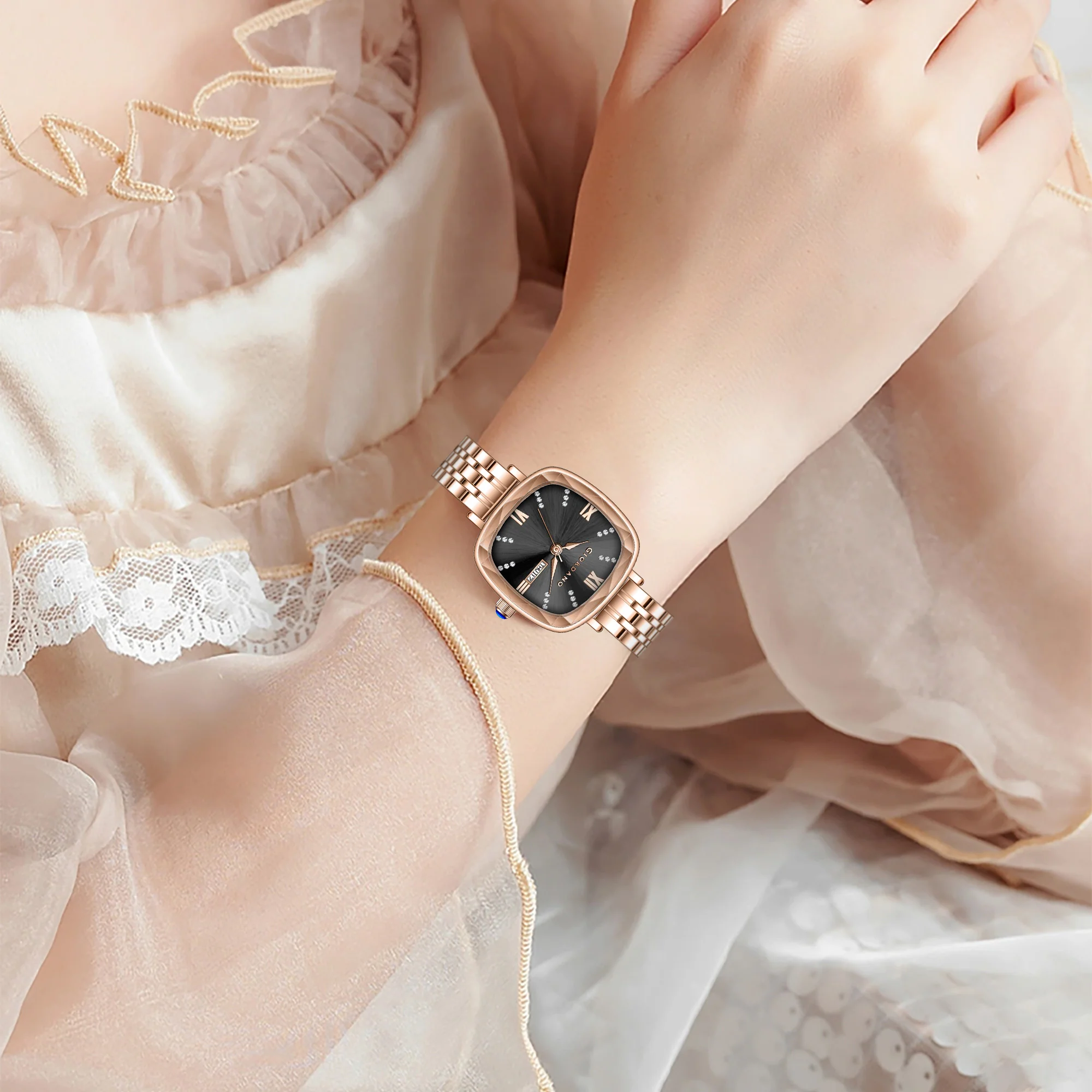 Giordano Elegant Square Watch for Women – Crystal & Roman Hour Markers, Day-Date Display, Stainless Steel Strap | GZ-60097-66 - Image 5