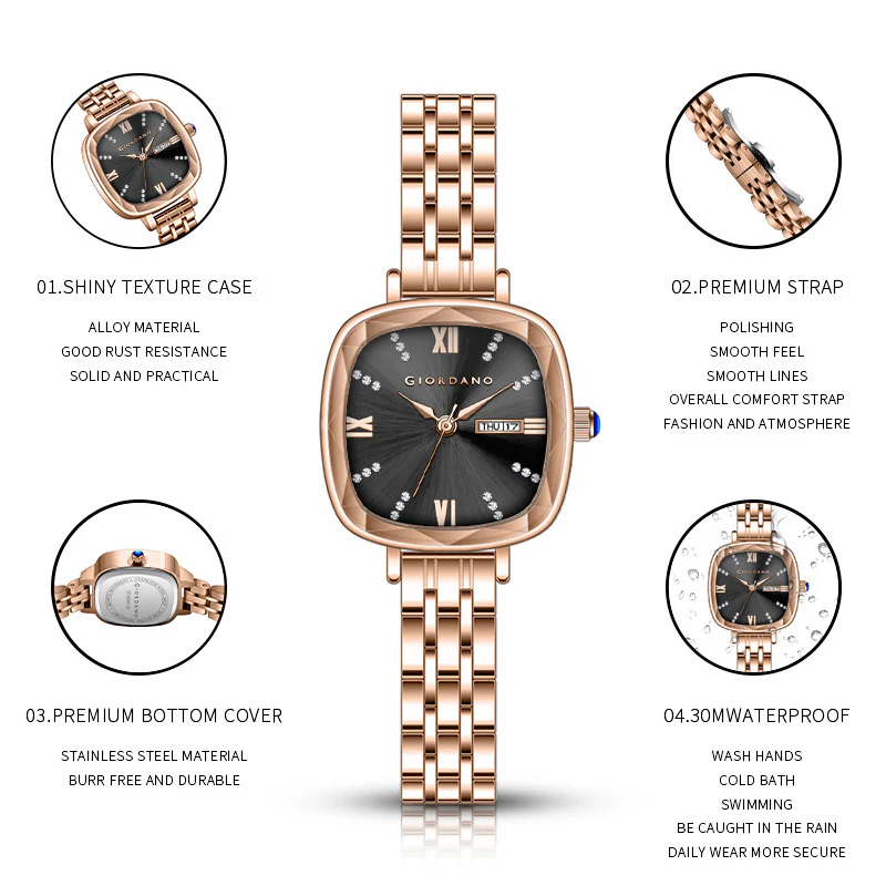 Giordano Elegant Square Watch for Women – Crystal & Roman Hour Markers, Day-Date Display, Stainless Steel Strap | GZ-60097-66 - Image 6