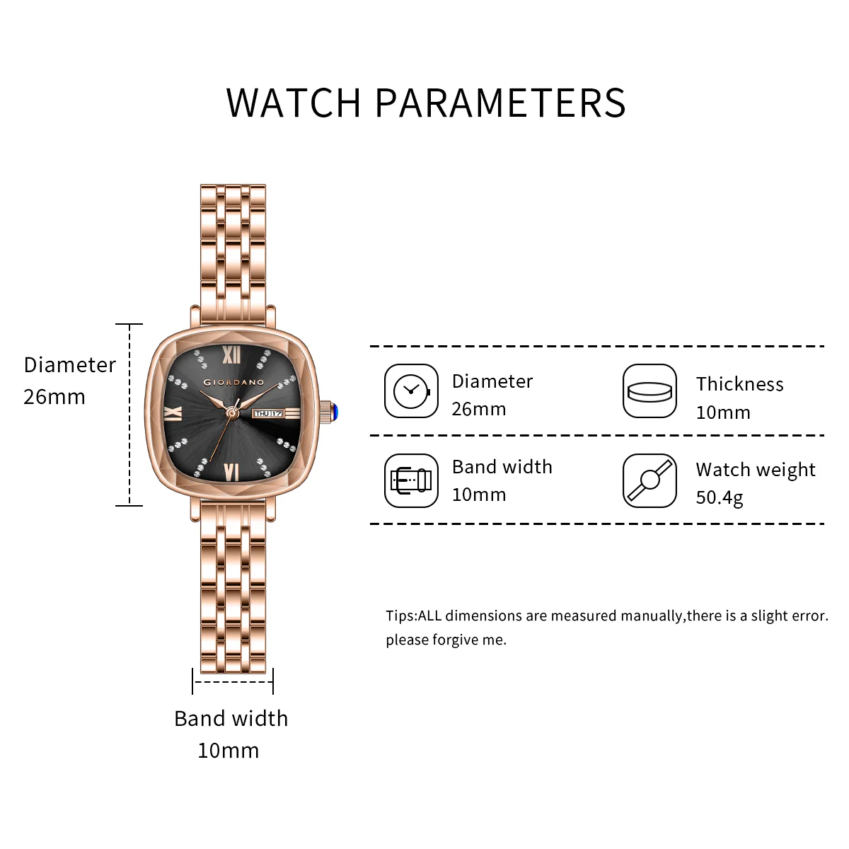 Giordano Elegant Square Watch for Women – Crystal & Roman Hour Markers, Day-Date Display, Stainless Steel Strap | GZ-60097-66 - Image 7